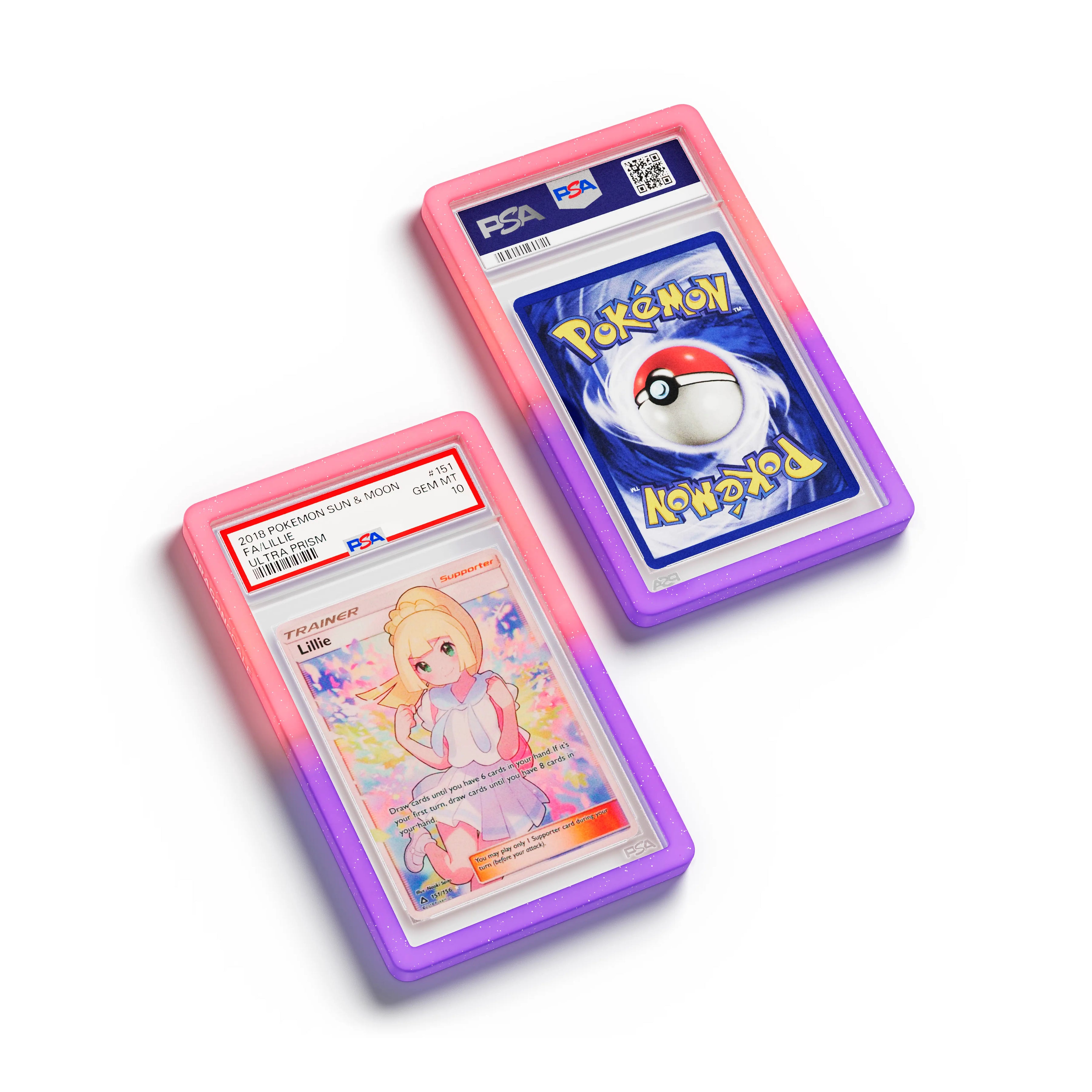 Top-down flat view of a PSA slab in Radiant Fairy Dragonscale bumper guard, featuring a Trainer Lillie Ultra Prism PSA 10 Pokemon card.