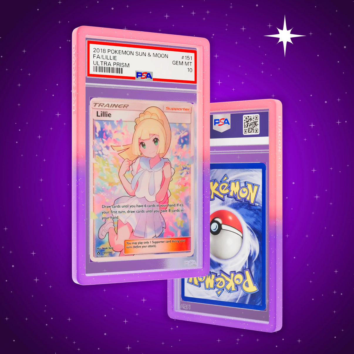 Front and back view of a PSA slab in Radiant Fairy Dragonscale bumper guard, featuring a Trainer Lillie Ultra Prism PSA 10 Pokemon card.