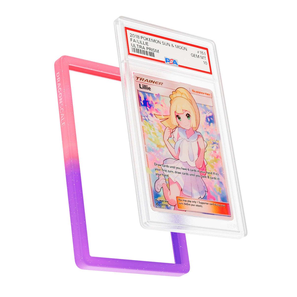 Display and demo view of a PSA slab in Radiant Fairy Dragonscale bumper guard, featuring a Trainer Lillie Ultra Prism PSA 10 Pokemon card.