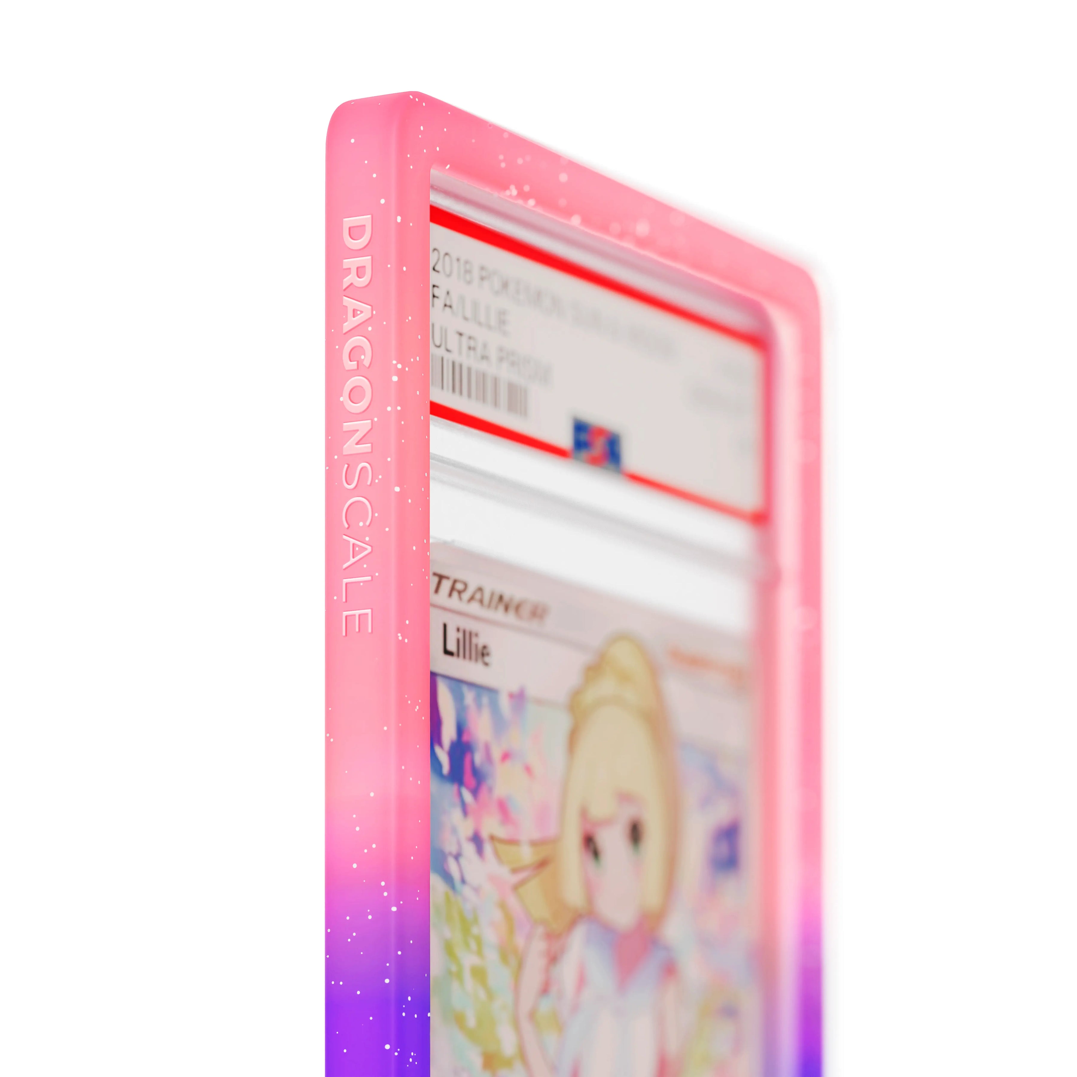 Close up logo zoom view of a PSA slab in Radiant Fairy Dragonscale bumper guard, featuring a Trainer Lillie Ultra Prism PSA 10 Pokemon card.