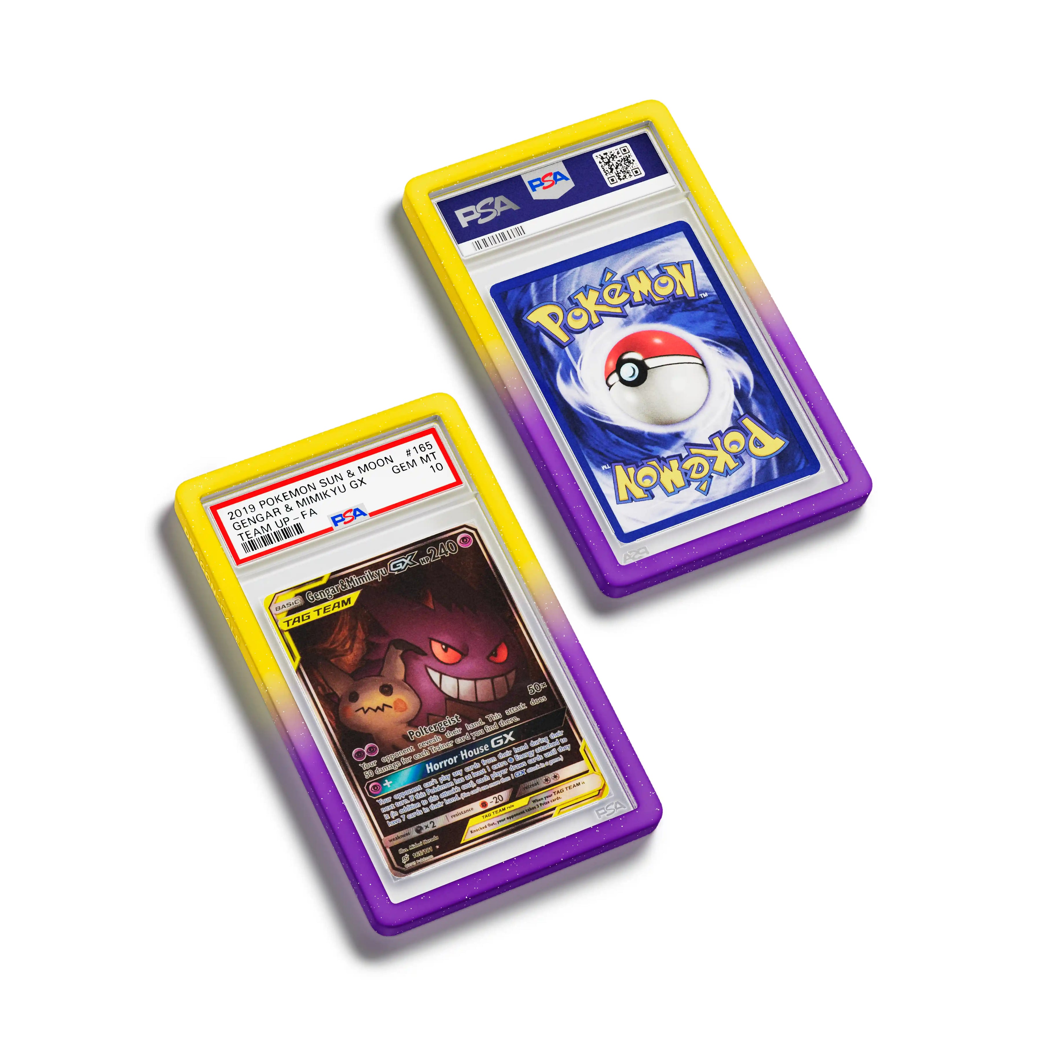 Top-down flat view of a PSA slab in Radiant Flux Dragonscale bumper guard, featuring a Gengar & Mimikyu Gx Sun & Moon Team Up PSA 10 Pokemon card.