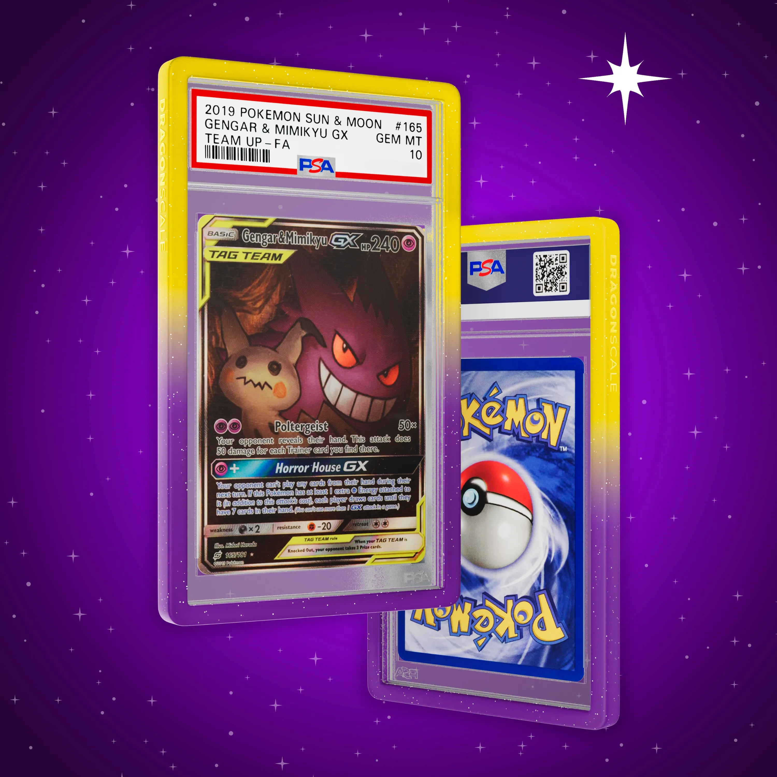 Front and back view of a PSA slab in Radiant Flux Dragonscale bumper guard,featuring a Gengar & Mimikyu Gx Sun & Moon Team Up PSA 10 Pokemon card.
