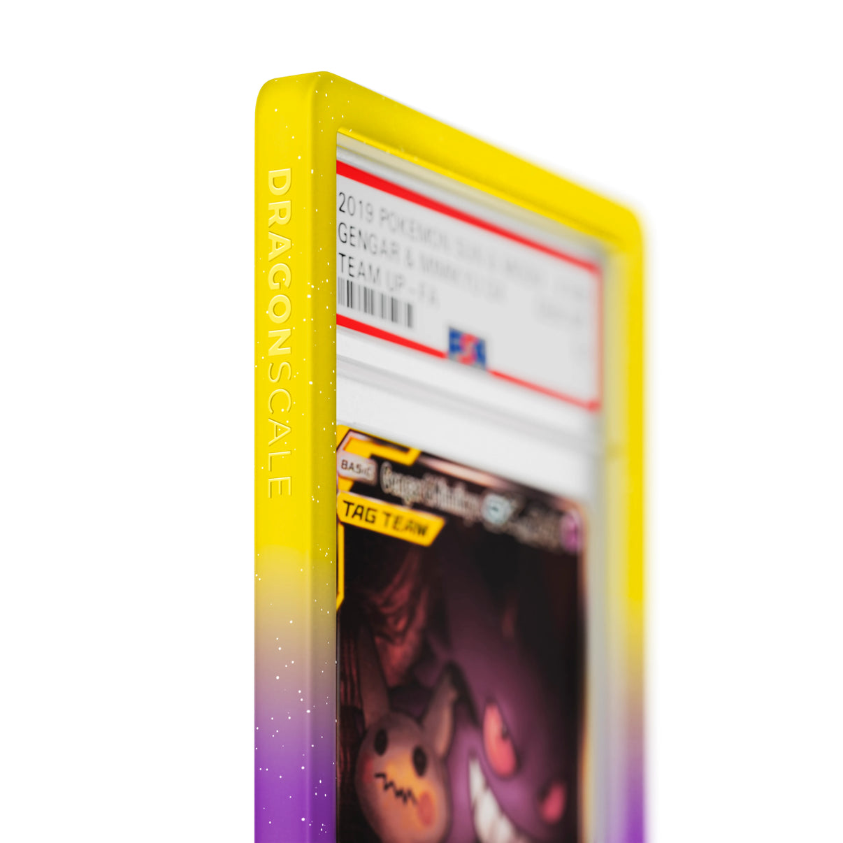 Close up logo zoom view of a PSA slab in Radiant Flux Dragonscale bumper guard, featuring a Gengar & Mimikyu Gx Sun & Moon Team Up PSA 10 Pokemon card.