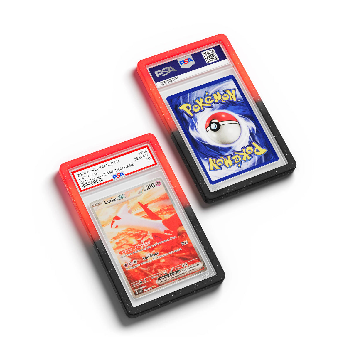 Top-down flat view of a PSA slab in Radiant Infernal Dragonscale bumper guard, featuring a Latias EX Surging Sparks PSA 10 Pokemon card.