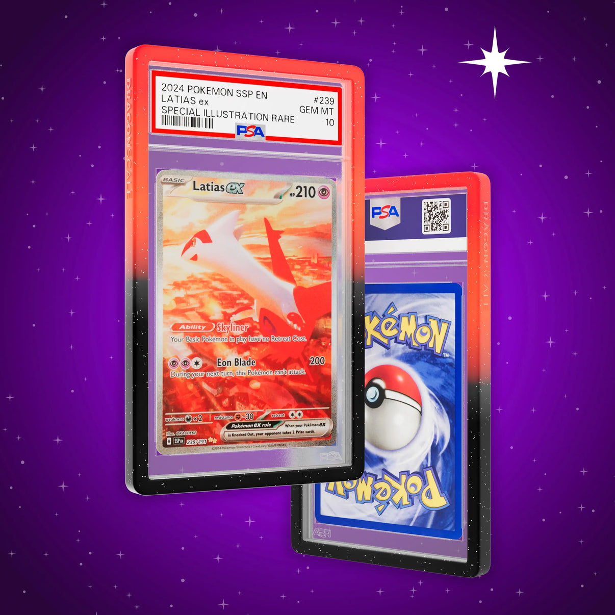 Close up logo zoom view of a PSA slab in Radiant Infernal Dragonscale bumper guard, featuring a Latias EX Surging Sparks PSA 10 Pokemon card.