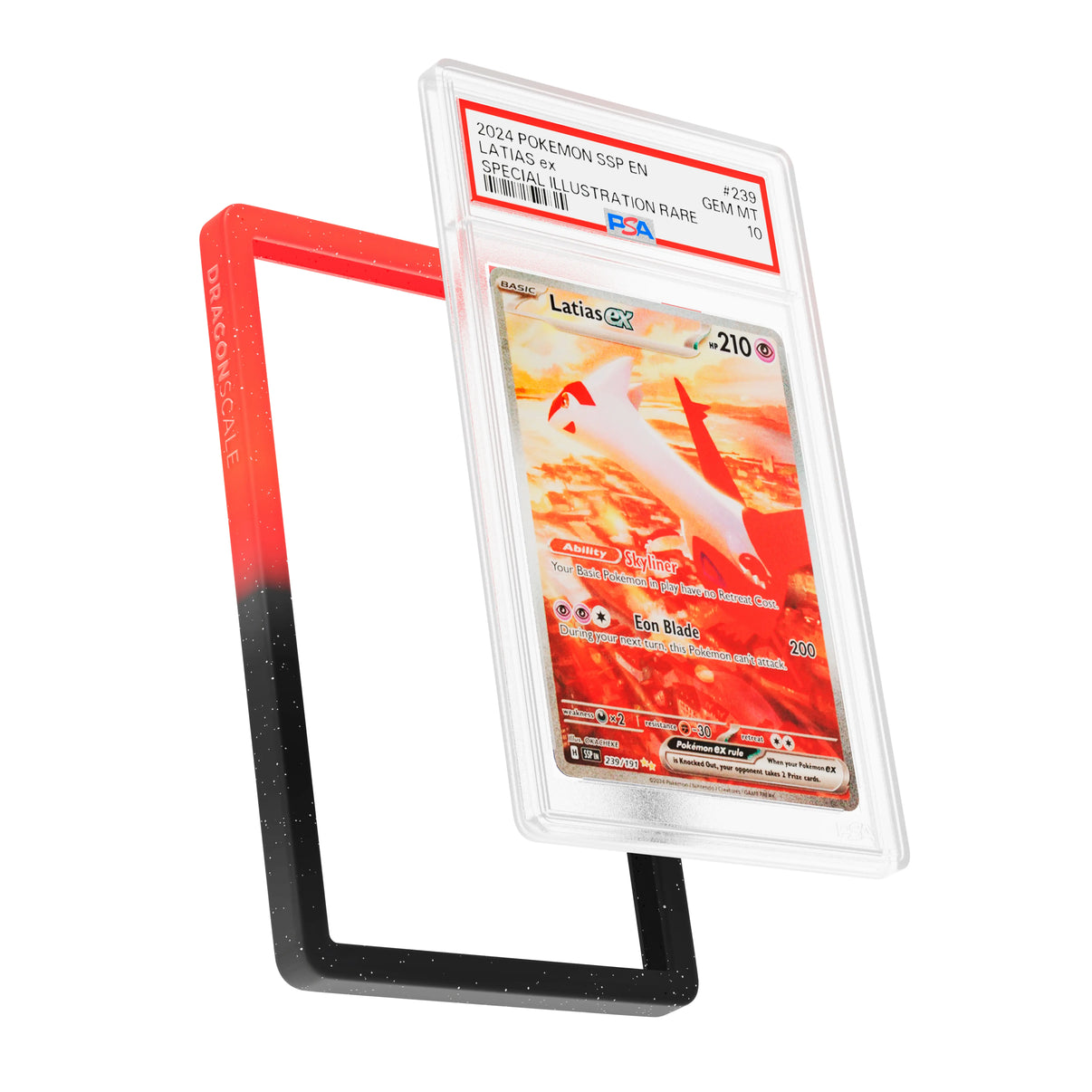 Display and demo view of a PSA slab in Radiant Infernal Dragonscale bumper guard, featuring a Latias EX Surging Sparks PSA 10 Pokemon card.