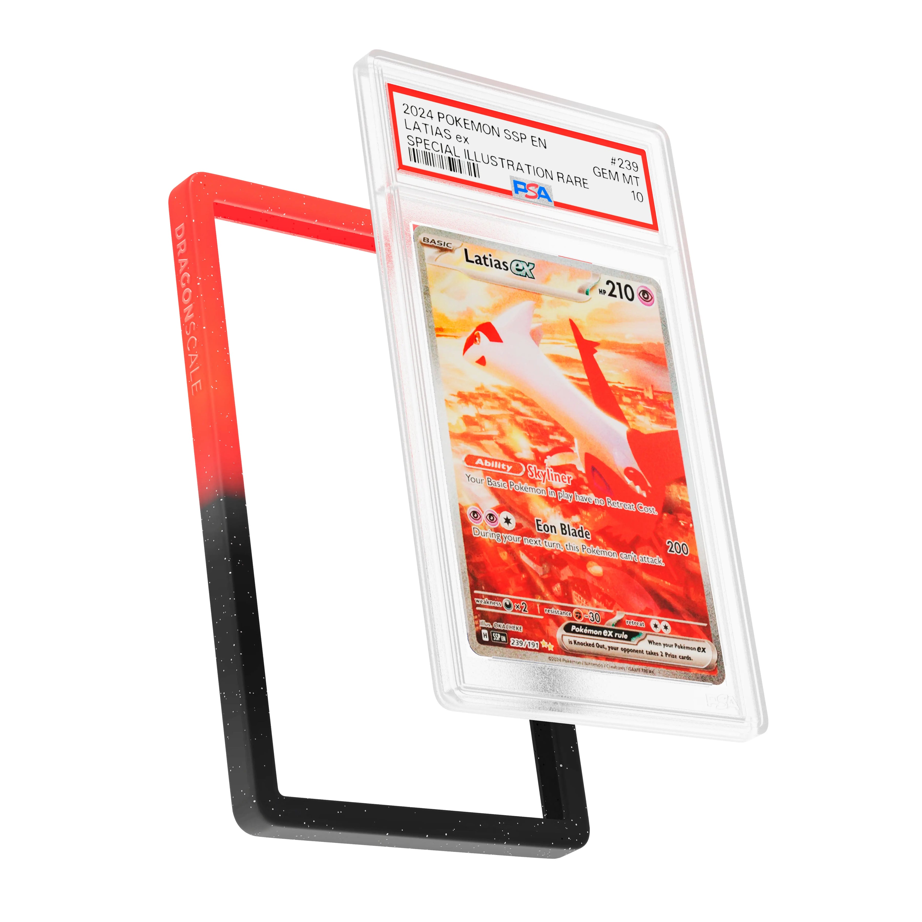 Display and demo view of a PSA slab in Radiant Infernal Dragonscale bumper guard, featuring a Latias EX Surging Sparks PSA 10 Pokemon card.