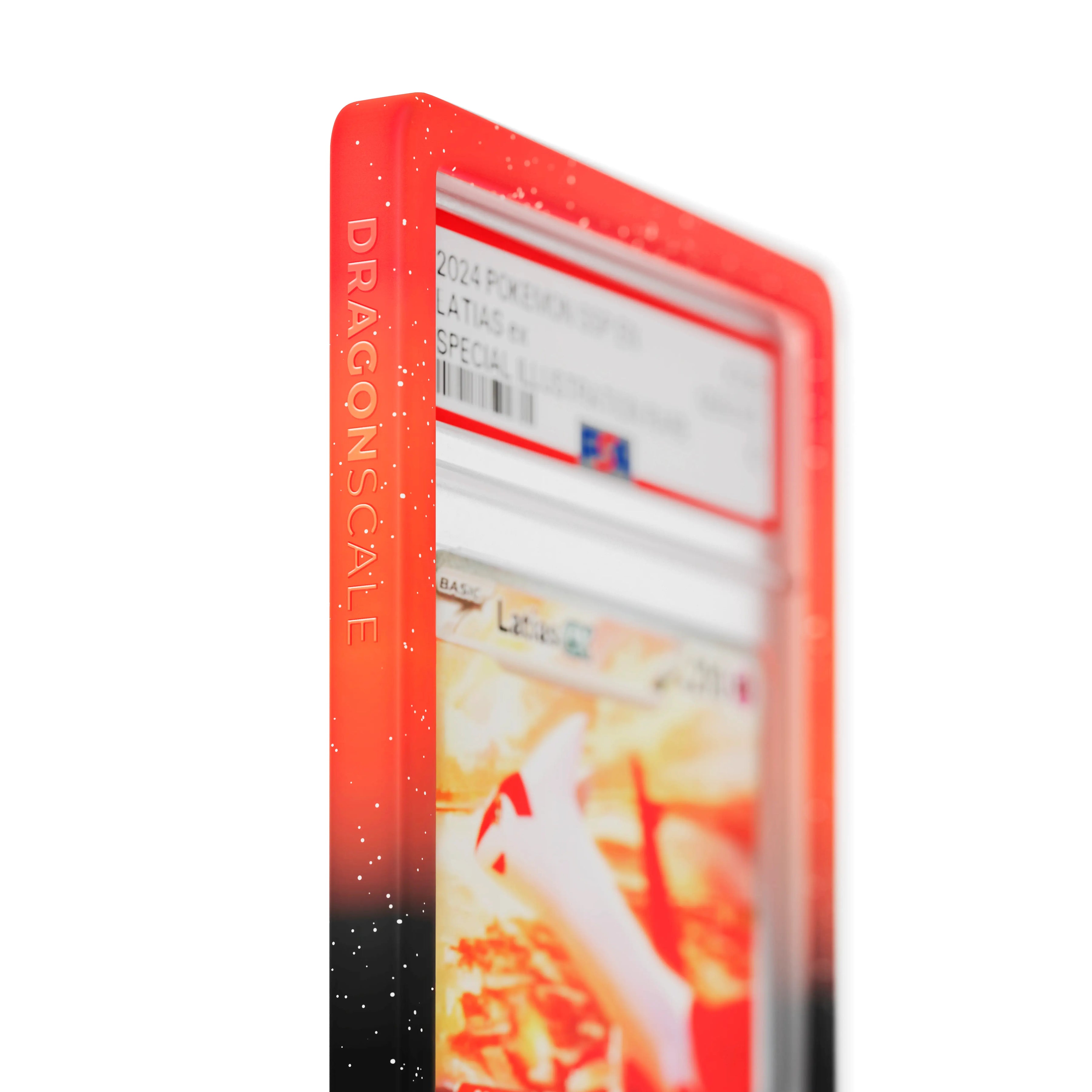 Close up logo zoom view of a PSA slab in Radiant Infernal Dragonscale bumper guard, featuring a Latias EX Surging Sparks PSA 10 Pokemon card.