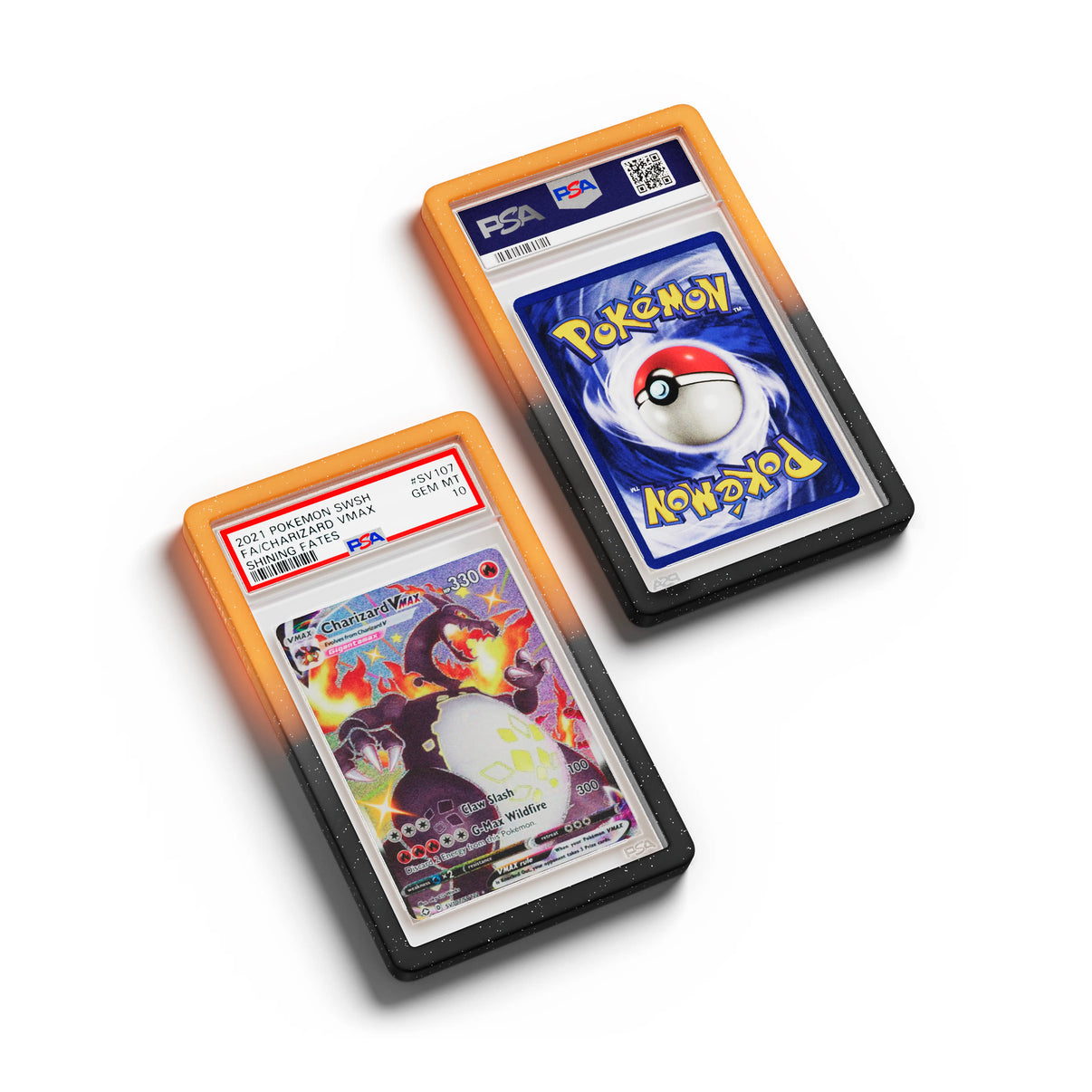 Top-down flat view of a PSA slab in Radiant Magma Dragonscale bumper guard, featuring a Charizard VMAX Shining Fates PSA 10 Pokemon card.