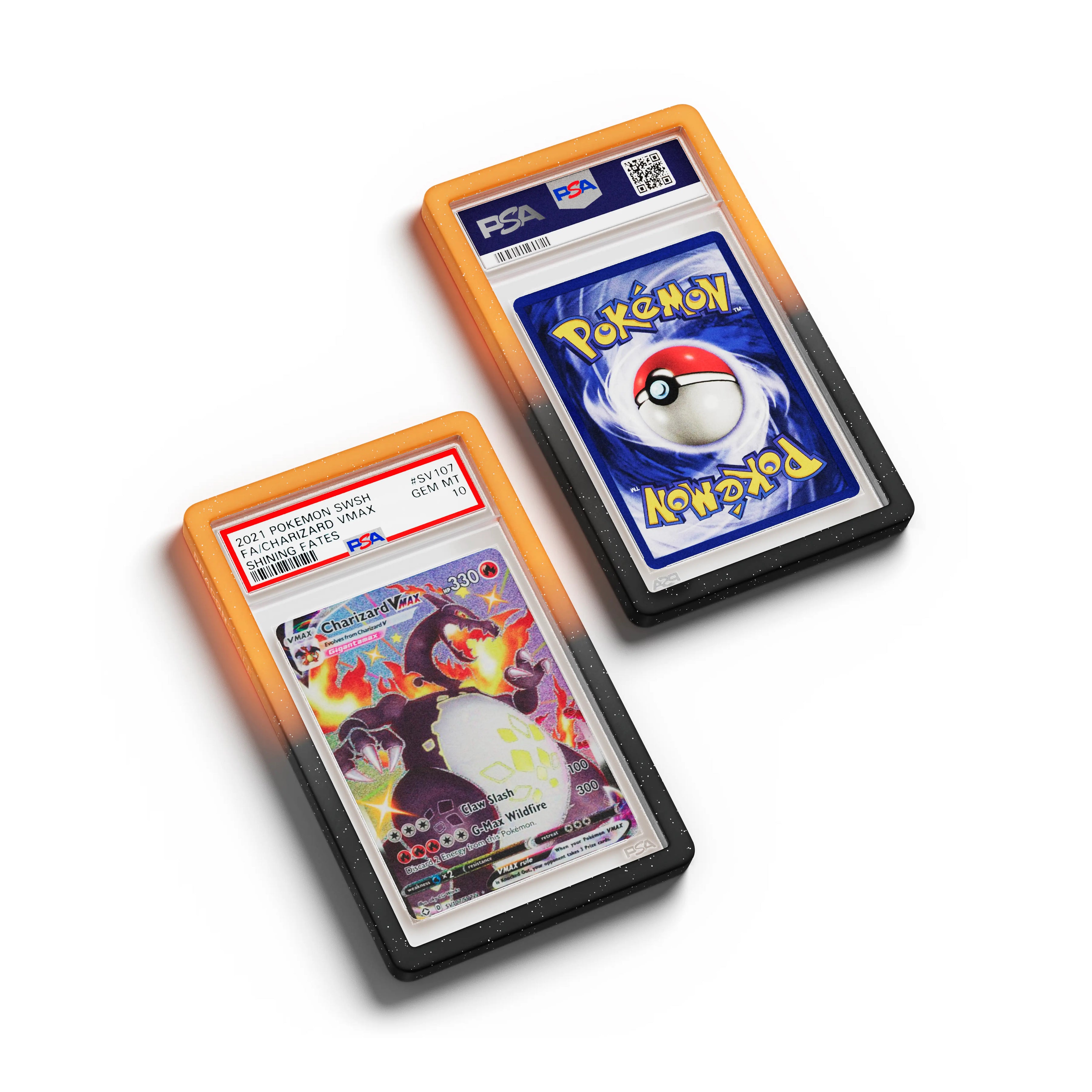 Top-down flat view of a PSA slab in Radiant Magma Dragonscale bumper guard, featuring a Charizard VMAX Shining Fates PSA 10 Pokemon card.