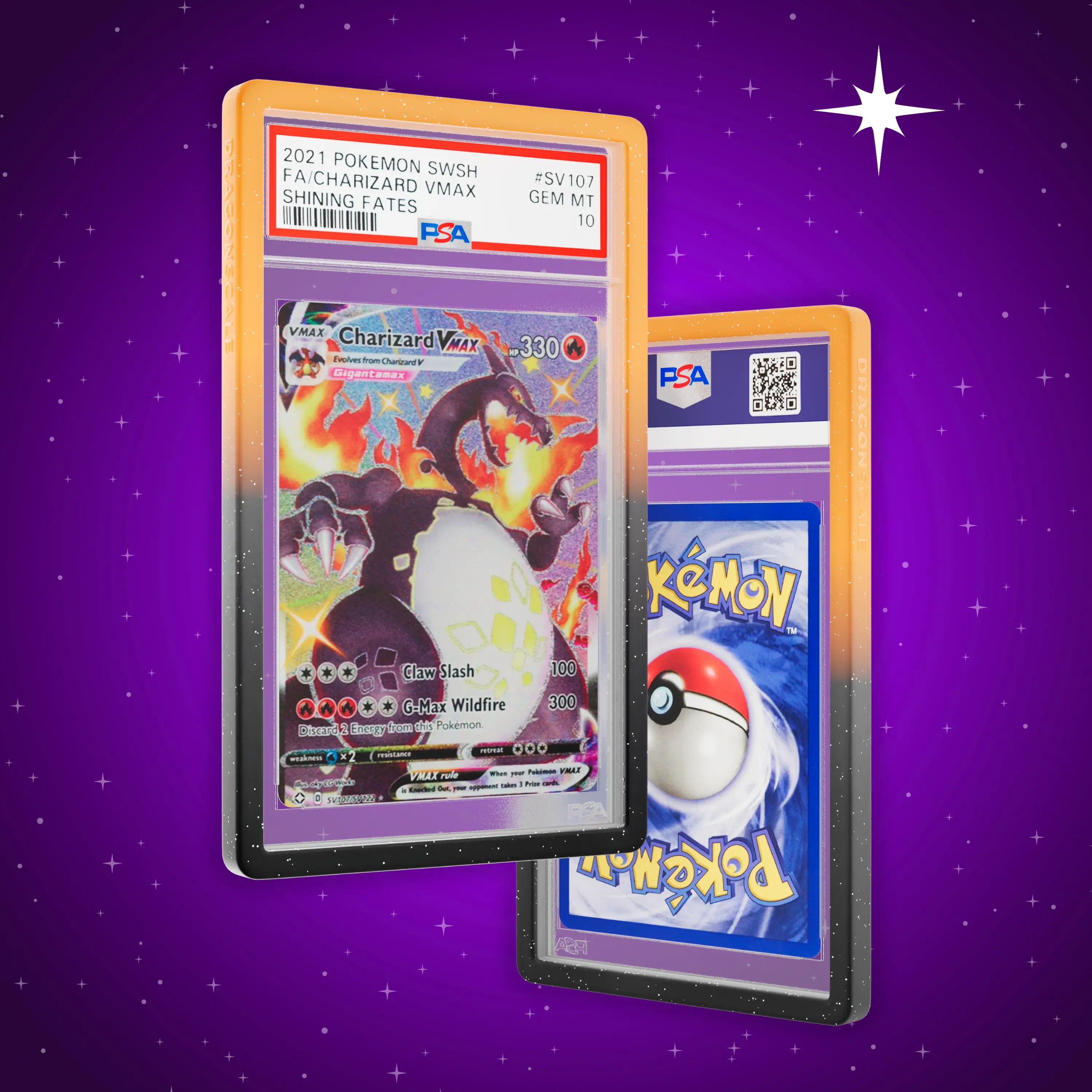 Front and back view of a PSA slab in Radiant Magma Dragonscale bumper guard, featuring a Charizard VMAX Shining Fates PSA 10 Pokemon card.