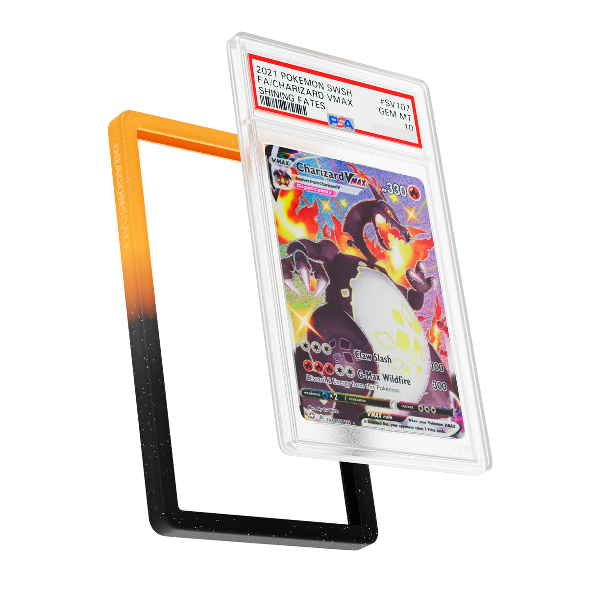 Display and demo view of a PSA slab in Radiant Magma Dragonscale bumper guard, featuring a Charizard VMAX Shining Fates PSA 10 Pokemon card.