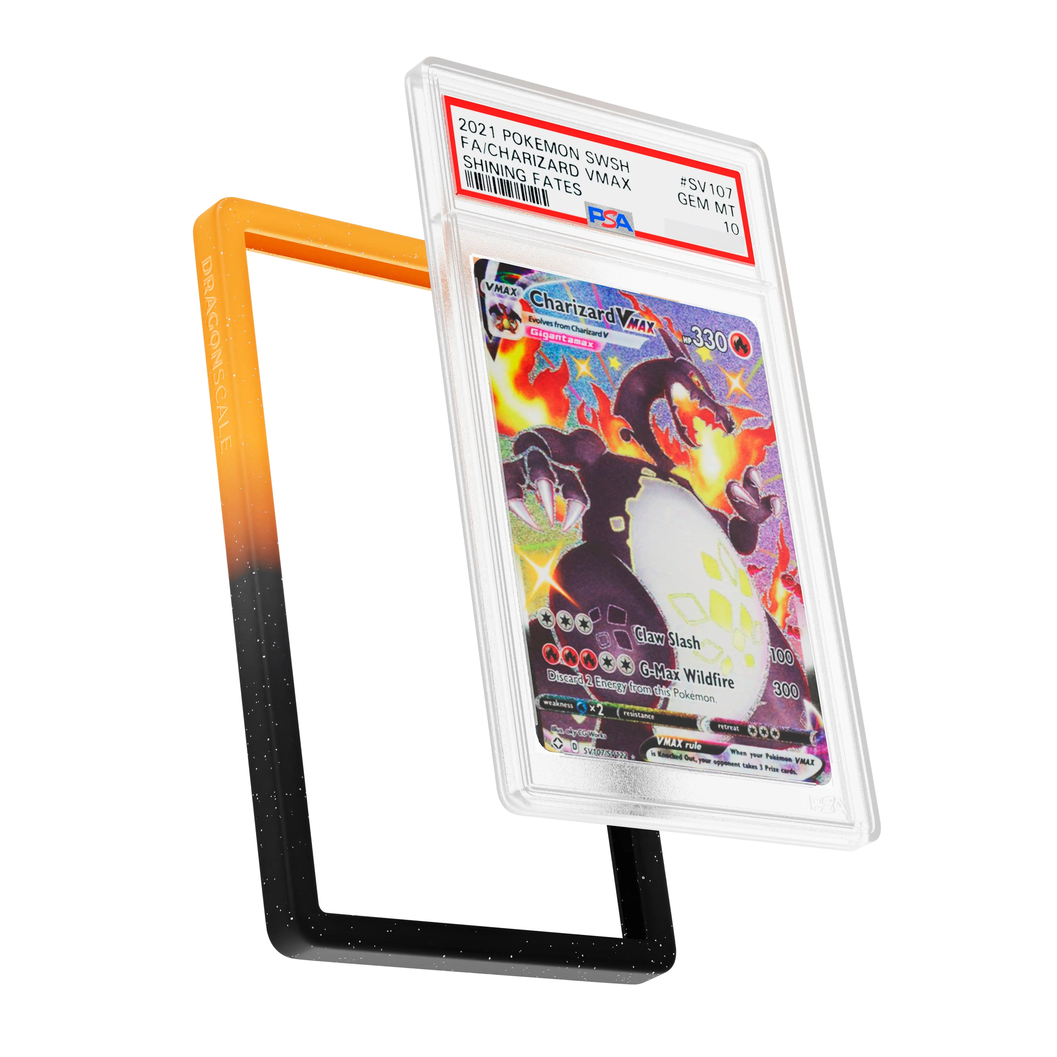 Display and demo view of a PSA slab in Radiant Magma Dragonscale bumper guard, featuring a Charizard VMAX Shining Fates PSA 10 Pokemon card.
