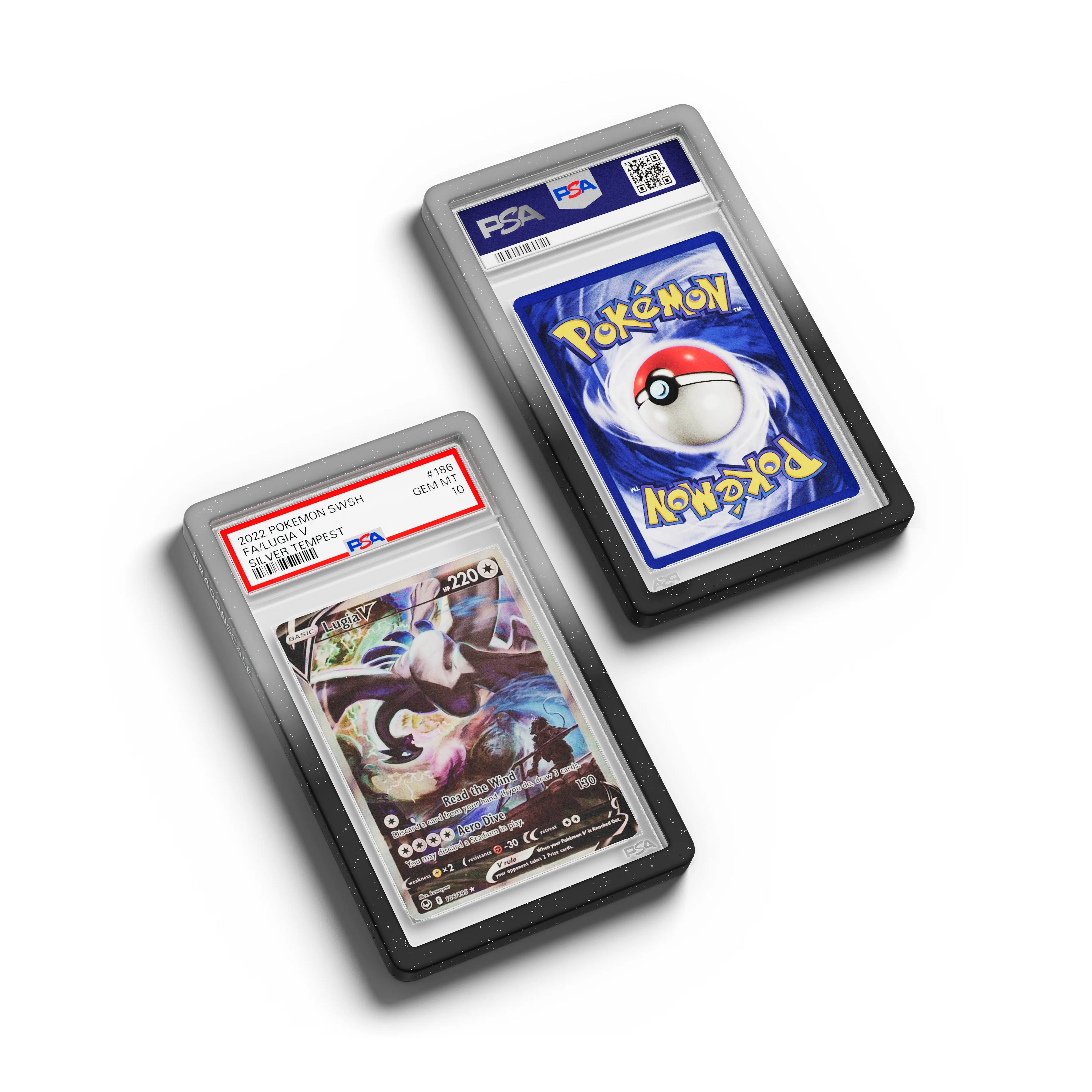 Top-down flat view of a PSA slab in Radiant Midnight Dragonscale bumper guard, featuring a Lugia V Silver Tempest PSA 10 Pokemon card.