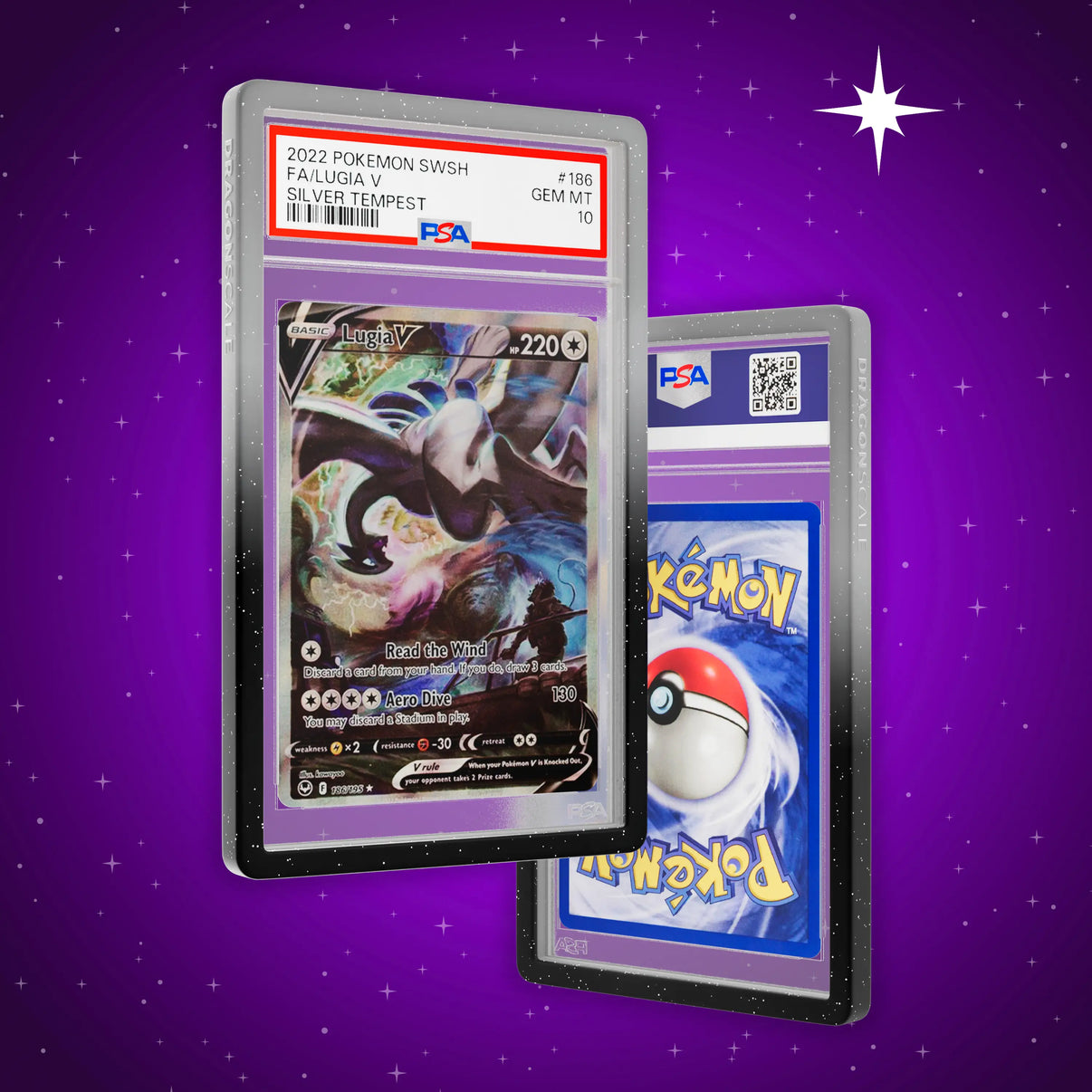 Front and back view of a PSA slab in Radiant Midnight Dragonscale bumper guard, featuring a Lugia V Silver Tempest PSA 10 Pokemon card.