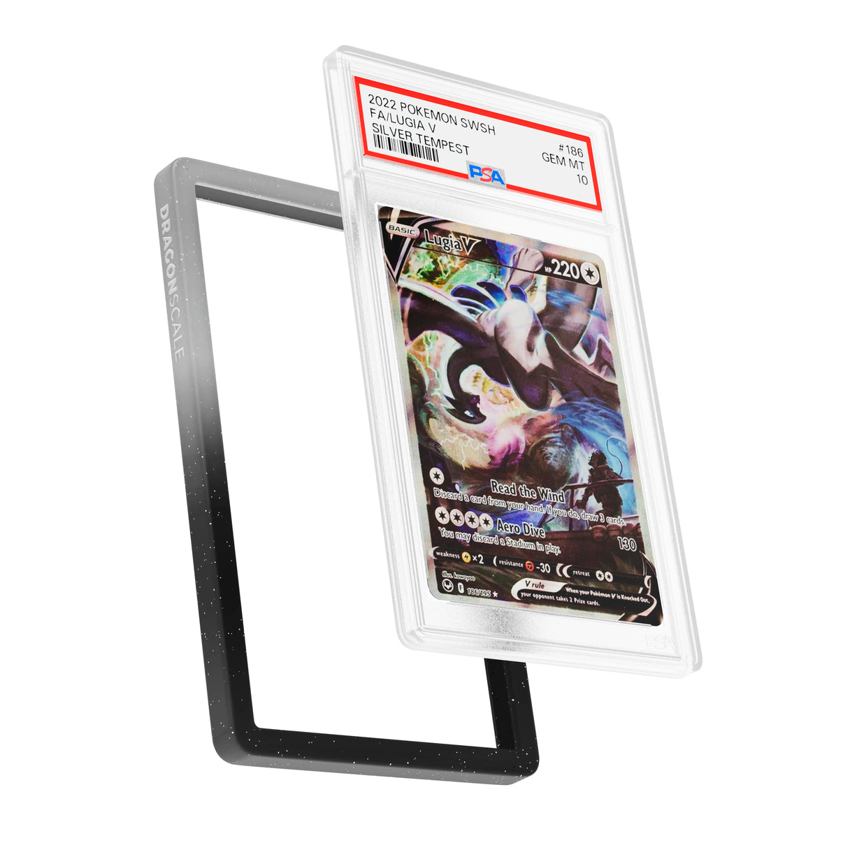 Display and demo view of a PSA slab in Radiant Midnight Dragonscale bumper guard, featuring a Lugia V Silver Tempest PSA 10 Pokemon card.