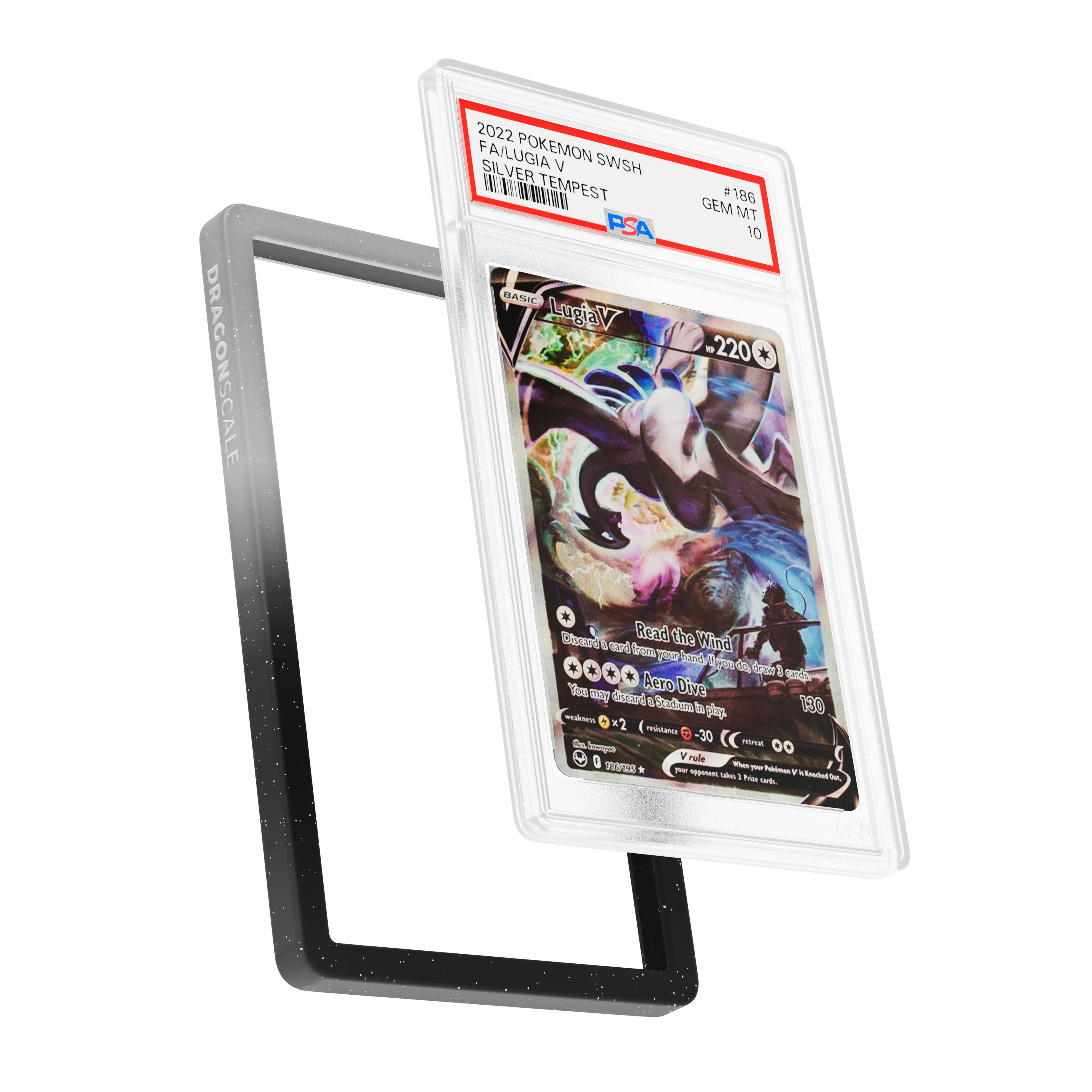 Display and demo view of a PSA slab in Radiant Midnight Dragonscale bumper guard, featuring a Lugia V Silver Tempest PSA 10 Pokemon card.