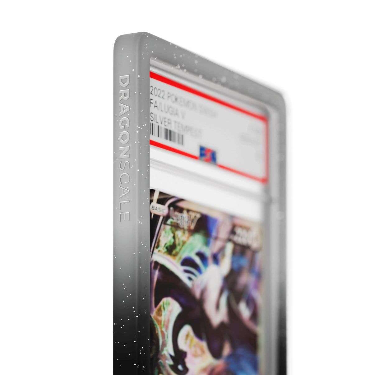 Close up logo zoom view of a PSA slab in Radiant Midnight Dragonscale bumper guard, featuring a Lugia V Silver Tempest PSA 10 Pokemon card.