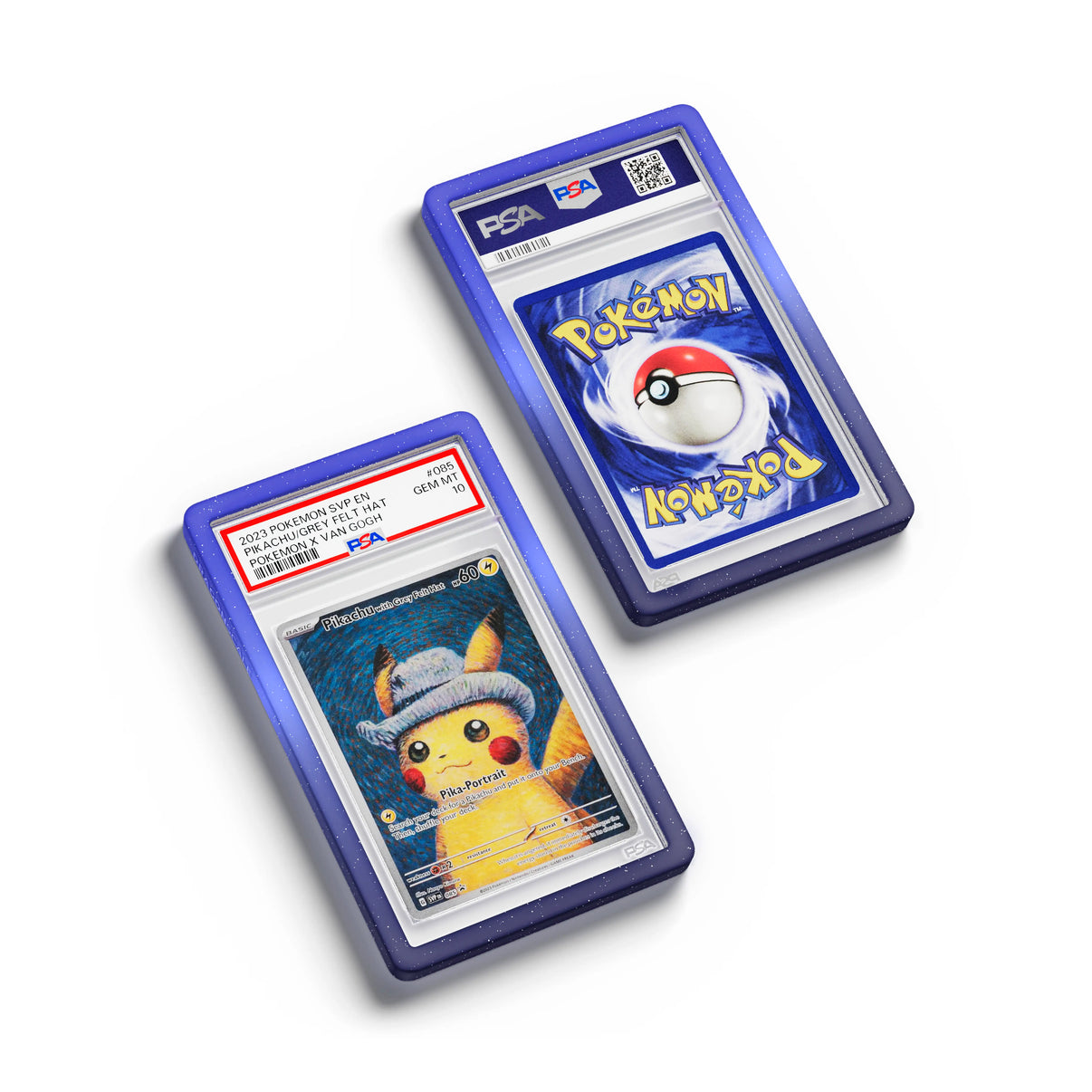 Top-down flat view of a PSA slab in Radiant Nocturnal Dragonscale bumper guard, featuring a Pikachu With Grey Felt Hat Van Gogh PSA 10 Pokemon card.