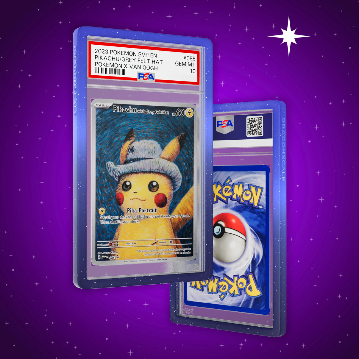 Front and back view of a PSA slab in Radiant Nocturnal Dragonscale bumper guard, featuring a Pikachu With Grey Felt Hat Van Gogh PSA 10 Pokemon card.