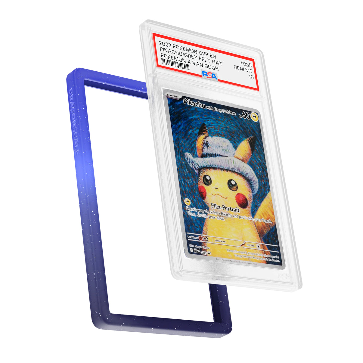 Display and demo view of a PSA slab in Radiant Nocturnal Dragonscale bumper guard, featuring a Pikachu With Grey Felt Hat Van Gogh PSA 10 Pokemon card.