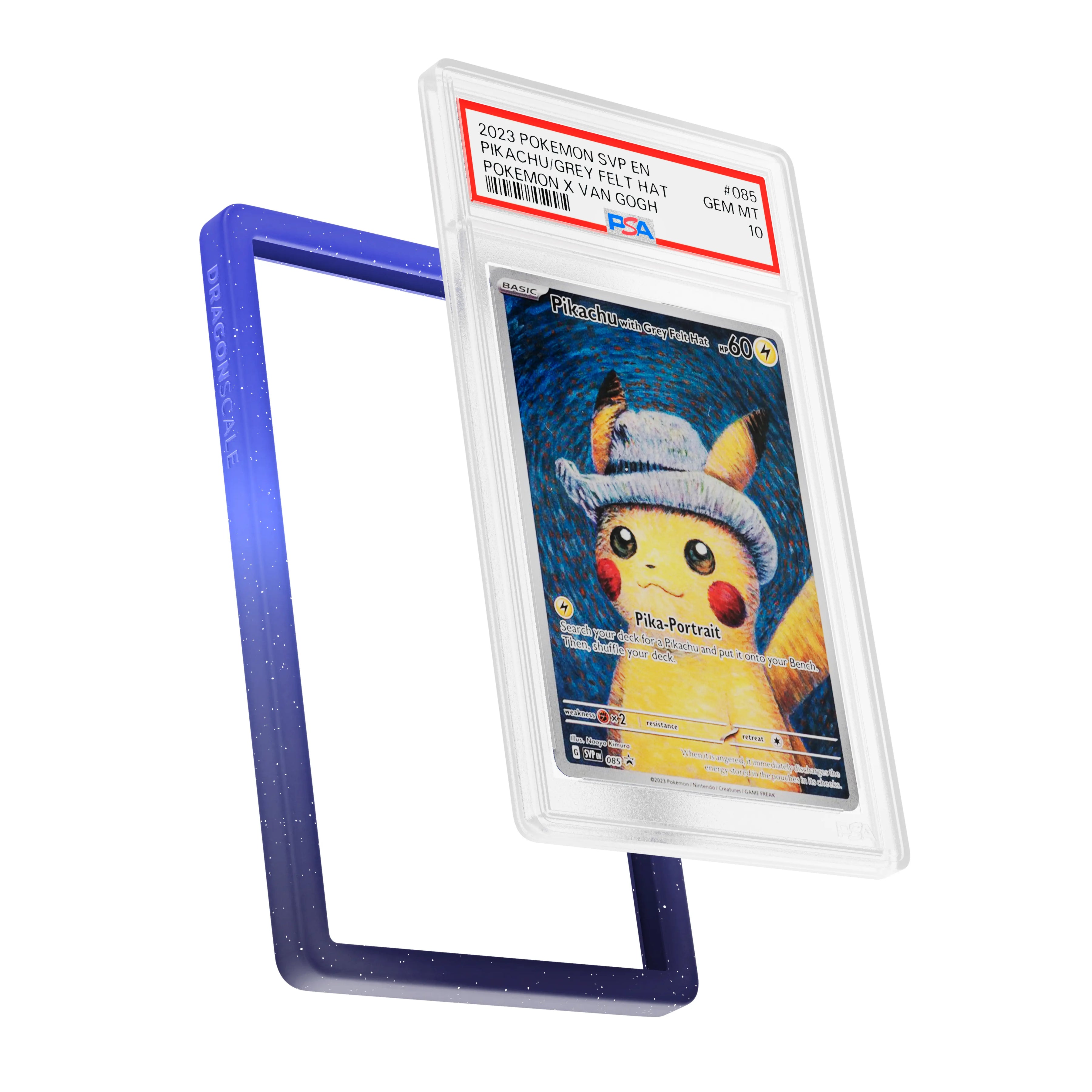 Display and demo view of a PSA slab in Radiant Nocturnal Dragonscale bumper guard, featuring a Pikachu With Grey Felt Hat Van Gogh PSA 10 Pokemon card.