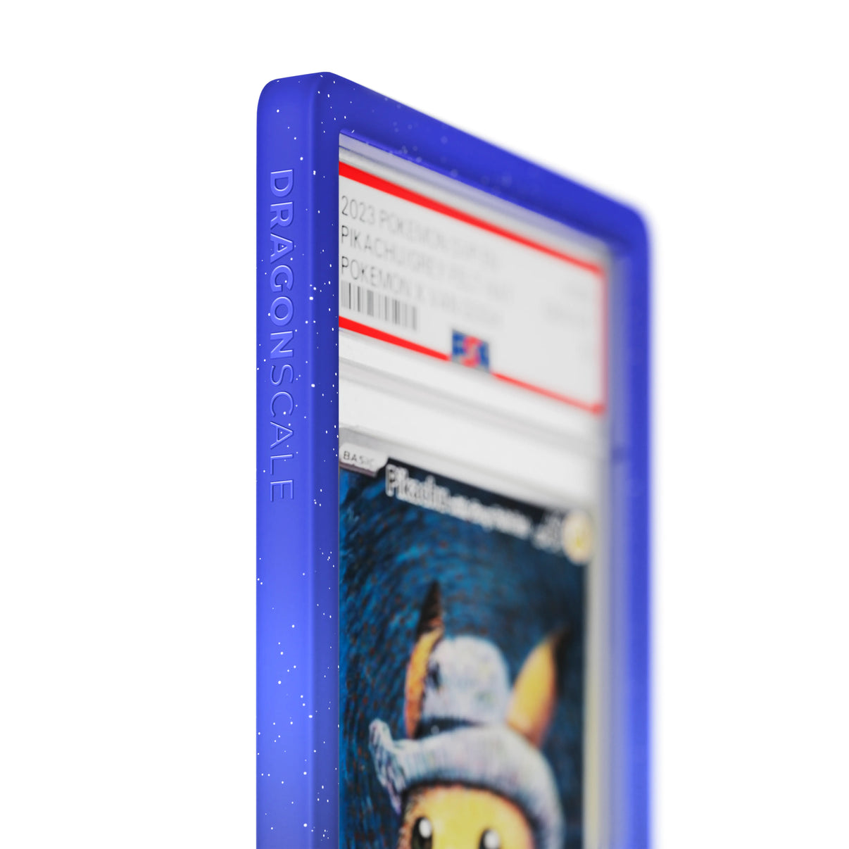 Close up logo zoom view of a PSA slab in Radiant Nocturnal Dragonscale bumper guard, featuring a Pikachu With Grey Felt Hat Van Gogh PSA 10 Pokemon card.