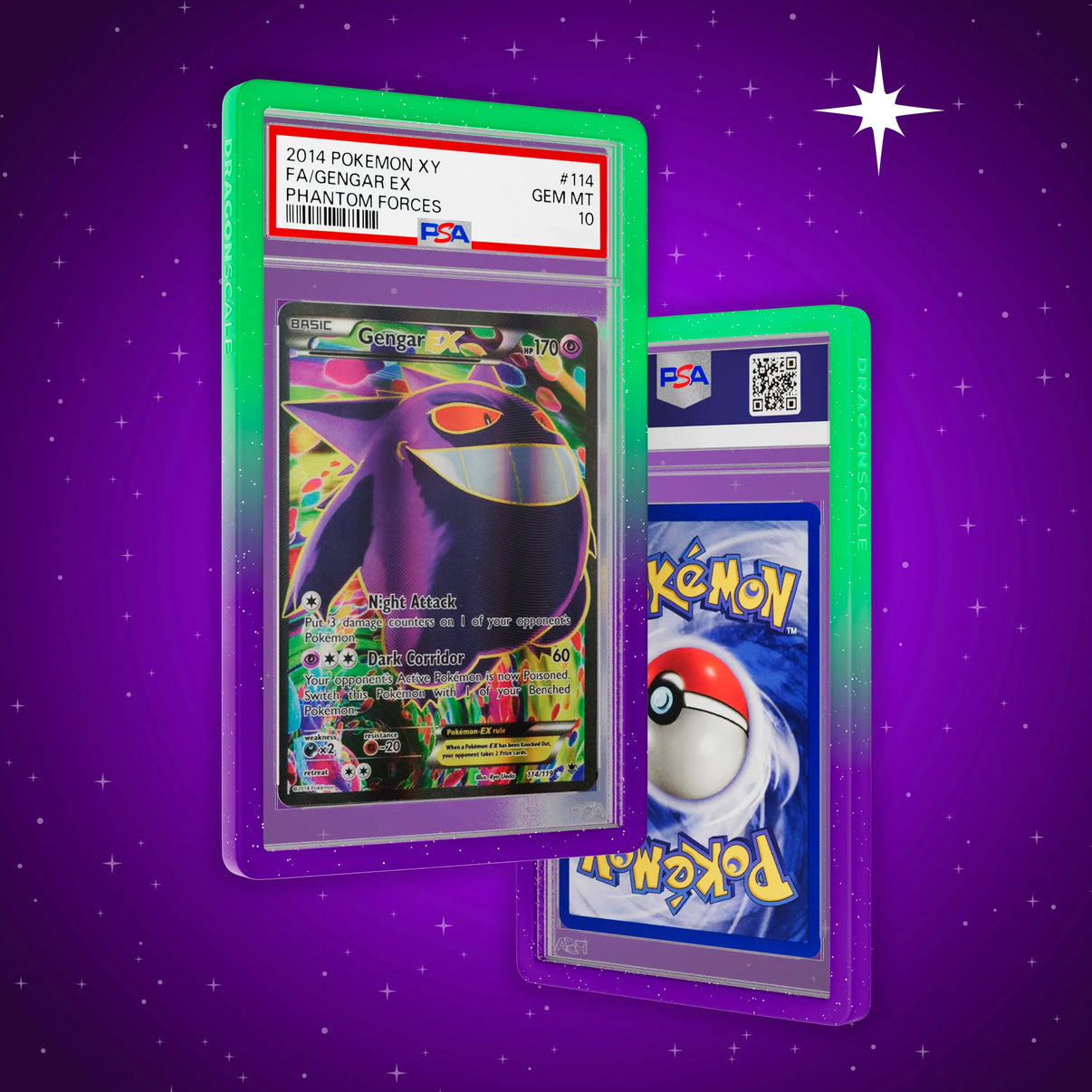 Front and back view of a PSA slab in Radiant Noxious Dragonscale bumper guard, featuring a Gengar EX Phantom Forces PSA 10 Pokemon card.