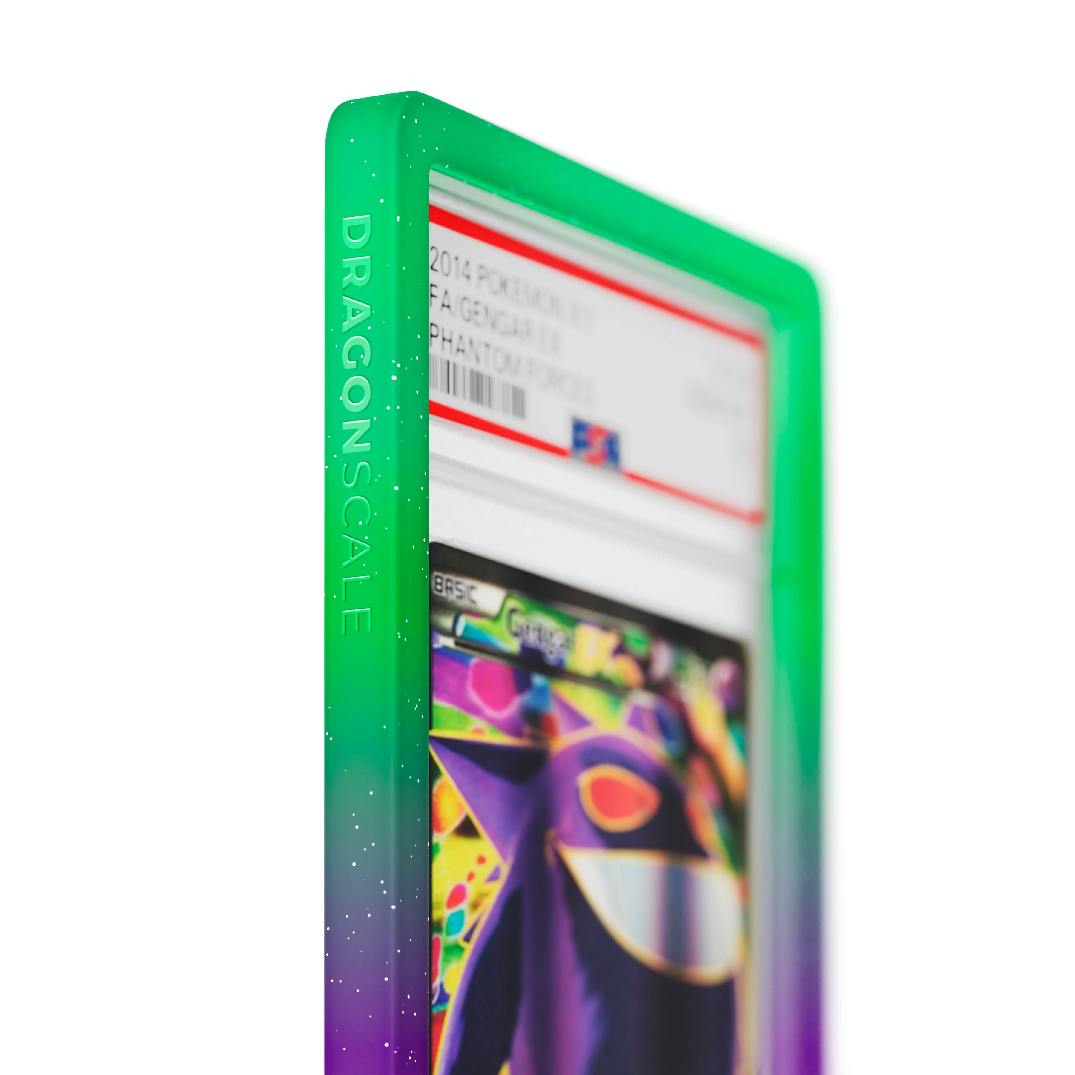 Close up logo zoom view of a PSA slab in Radiant Noxious Dragonscale bumper guard, featuring a Gengar EX Phantom Forces PSA 10 Pokemon card.