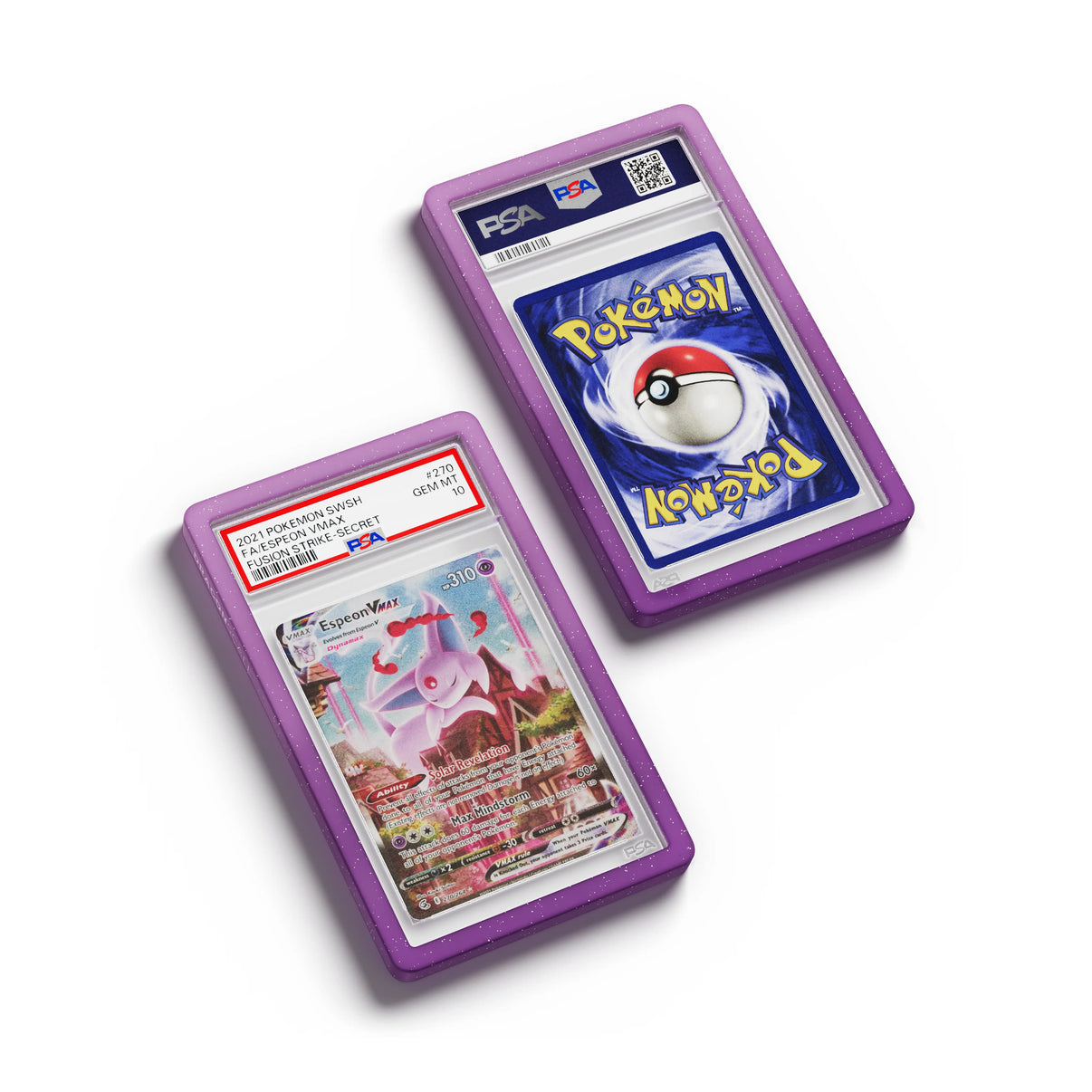 Top-down flat view of a PSA slab in Radiant Phantom Dragonscale bumper guard, featuring a Espeon VMAX Fusion Strike PSA 10 Pokemon card.