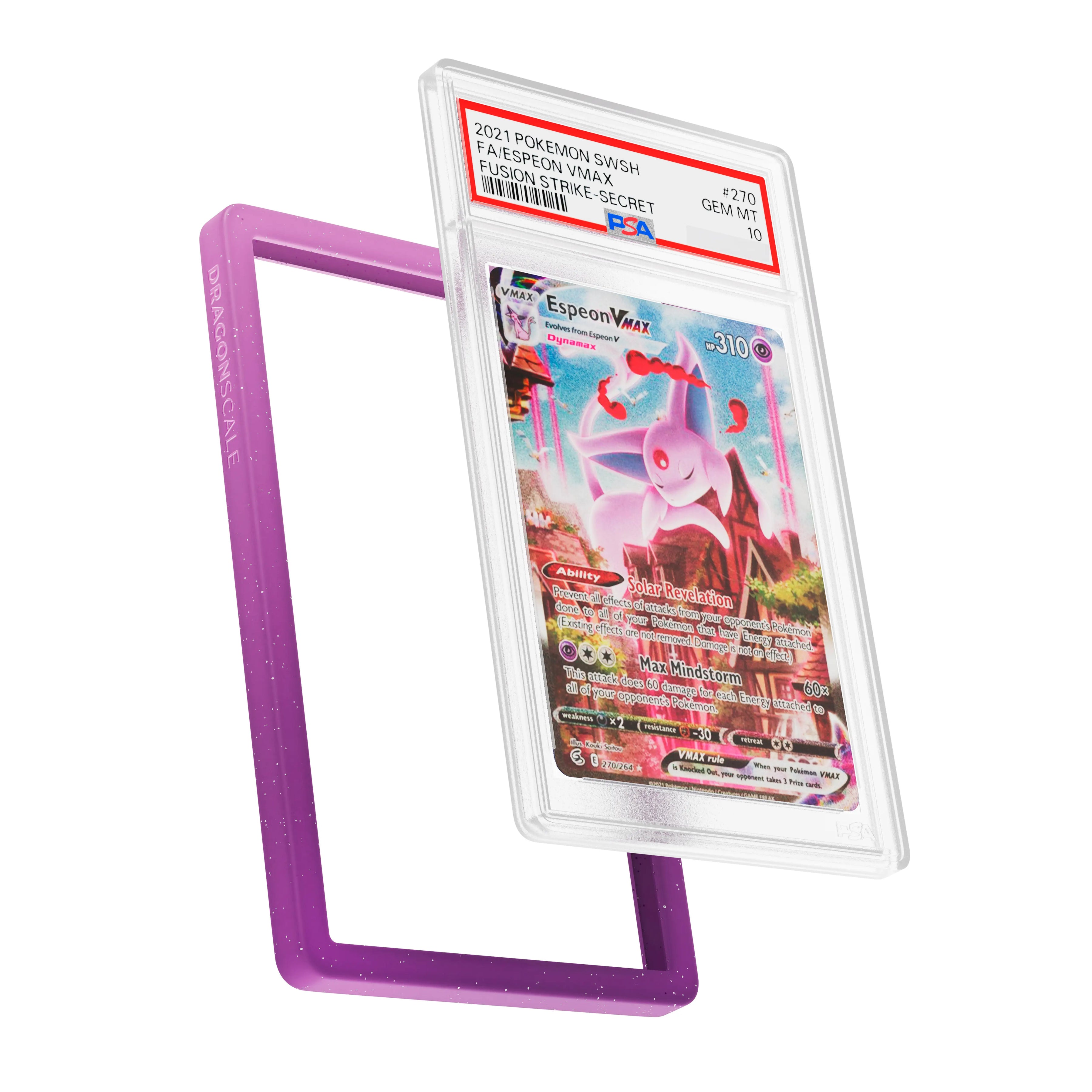 Display and demo view of a PSA slab in Radiant Phantom Dragonscale bumper guard, featuring a Espeon VMAX Fusion Strike PSA 10 Pokemon card.
