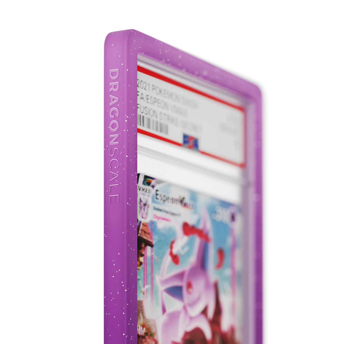 Close up logo zoom view of a PSA slab in Radiant Phantom Dragonscale bumper guard, featuring a Espeon VMAX Fusion Strike PSA 10 Pokemon card.