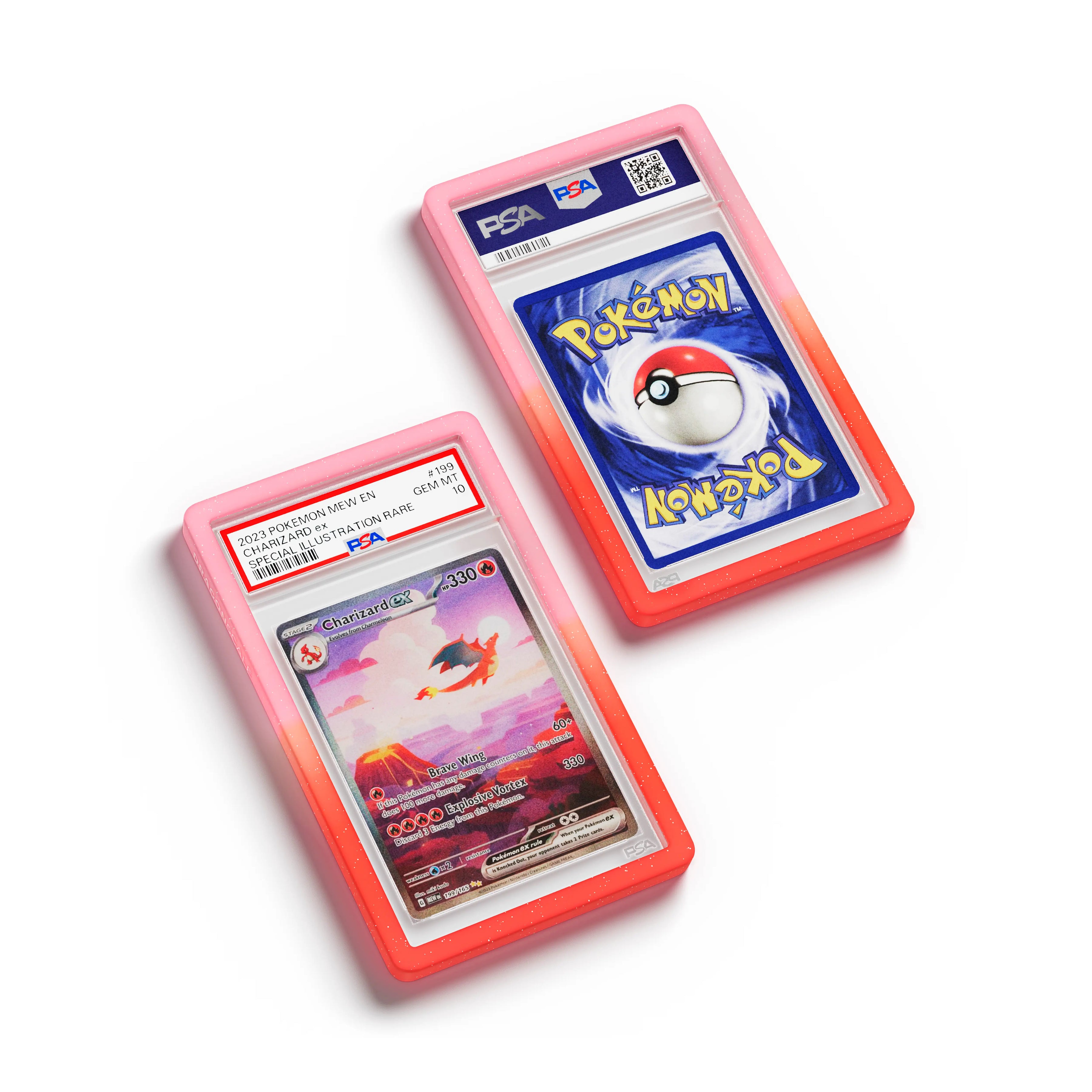 Top-down flat view of a PSA slab in Radiant Phoenix Dragonscale bumper guard, featuring a Charizard EX Mew 151 PSA 10 Pokemon card.