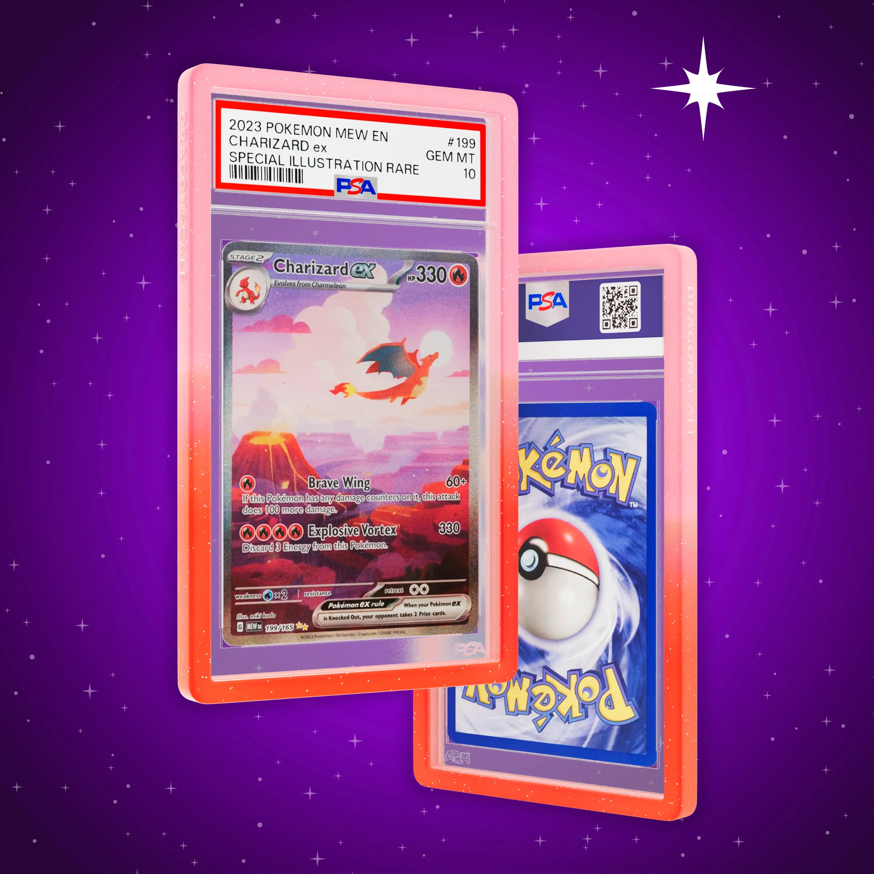 Front and back view of a PSA slab in Radiant Phoenix Dragonscale bumper guard, featuring a Charizard EX Mew 151 PSA 10 Pokemon card.
