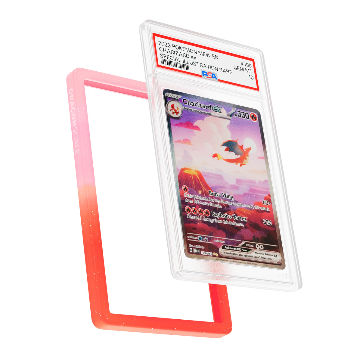 Display and demo view of a PSA slab in Radiant Phoenix Dragonscale bumper guard, featuring a Charizard EX Mew 151 PSA 10 Pokemon card.