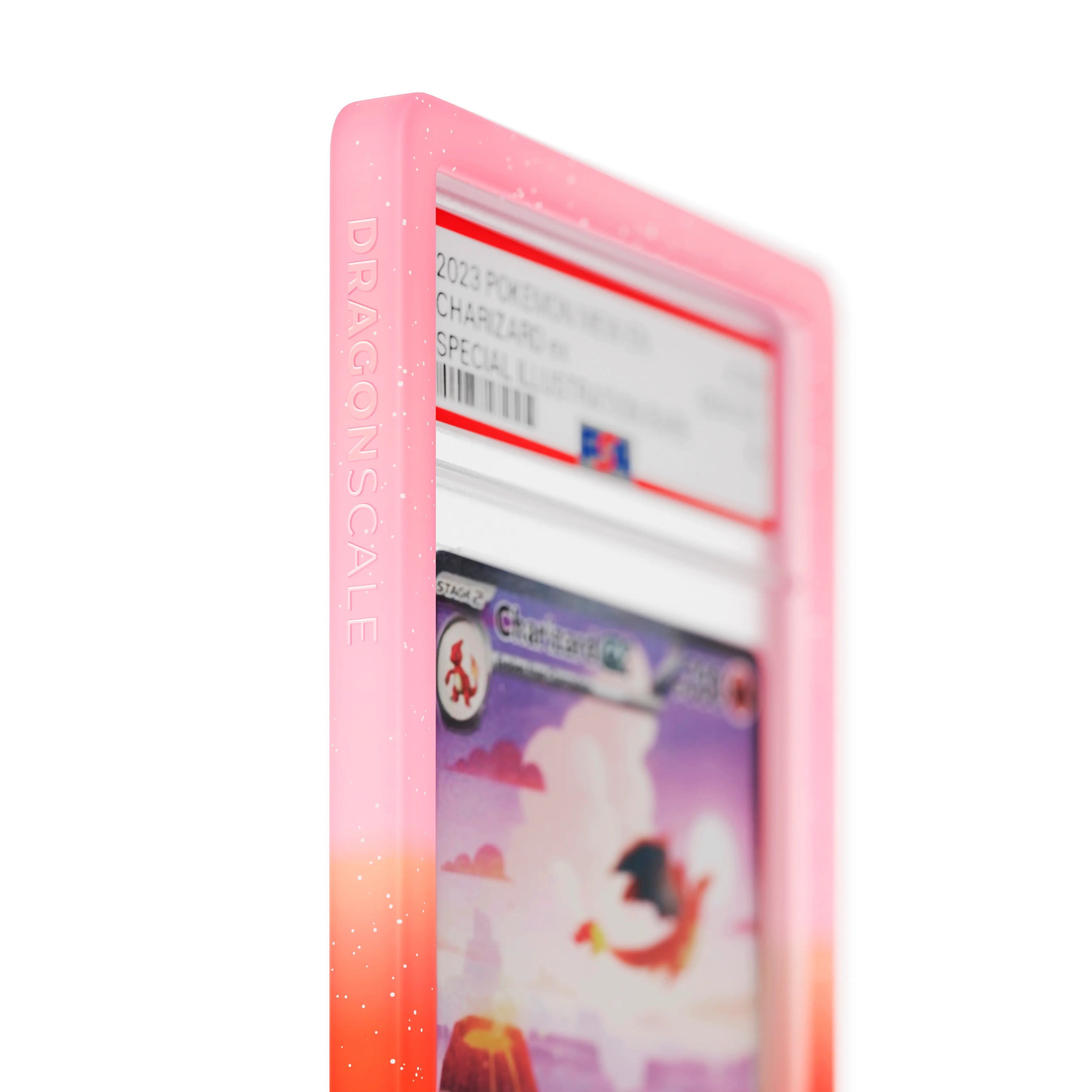 Close up logo zoom view of a PSA slab in Radiant Phoenix Dragonscale bumper guard, featuring a Charizard EX Mew 151 PSA 10 Pokemon card.