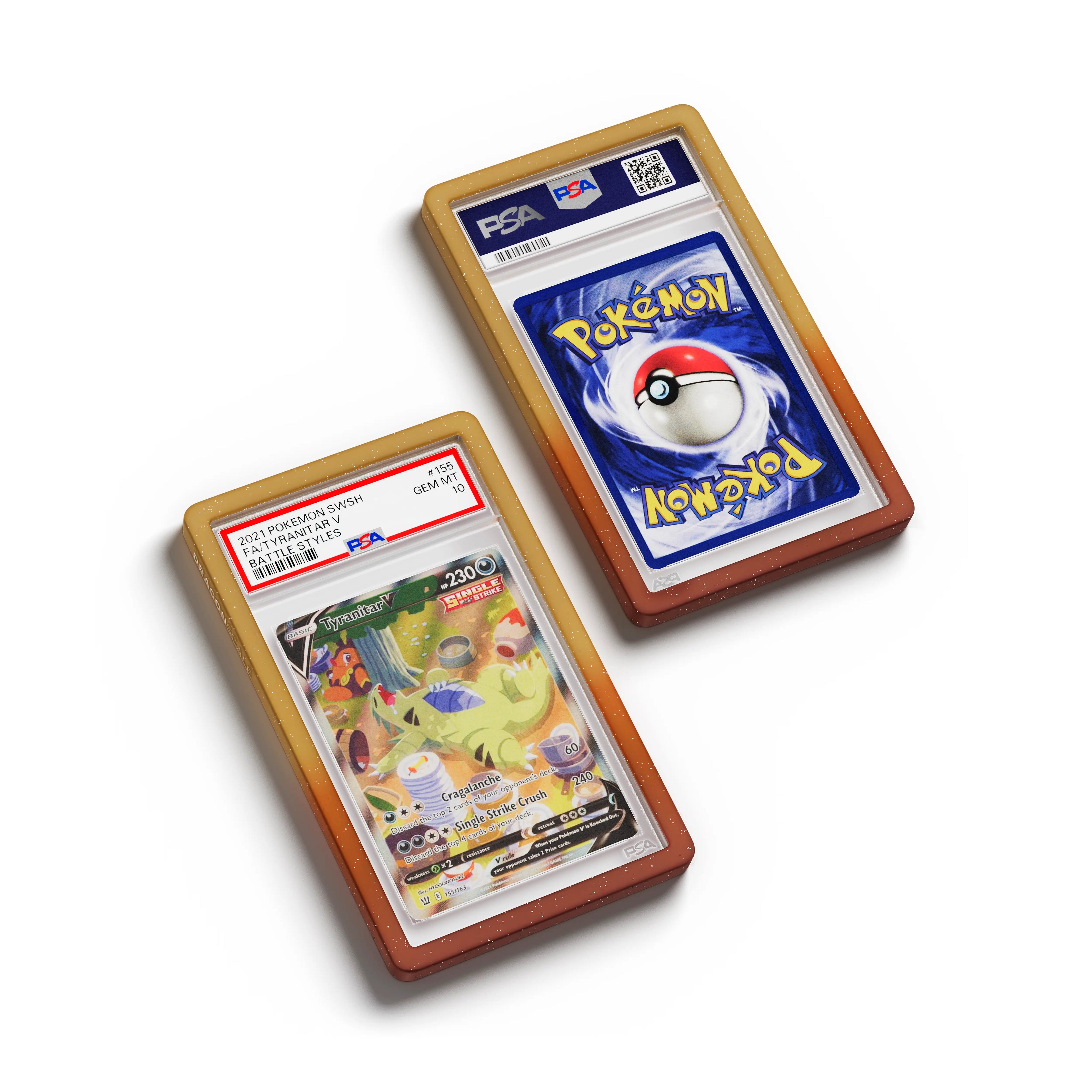 Top-down flat view of a PSA slab in Radiant Sandstorm Dragonscale bumper guard, featuring a Tyranitar V Battle Styles PSA 10 Pokemon card.