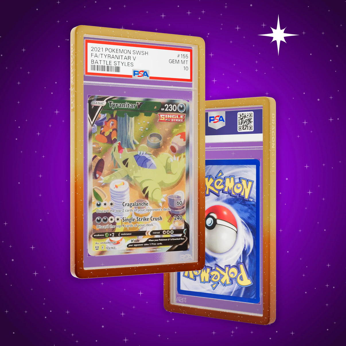 Front and back view of a PSA slab in Radiant Sandstorm Dragonscale bumper guard, featuring a Tyranitar V Battle Styles PSA 10 Pokemon card.