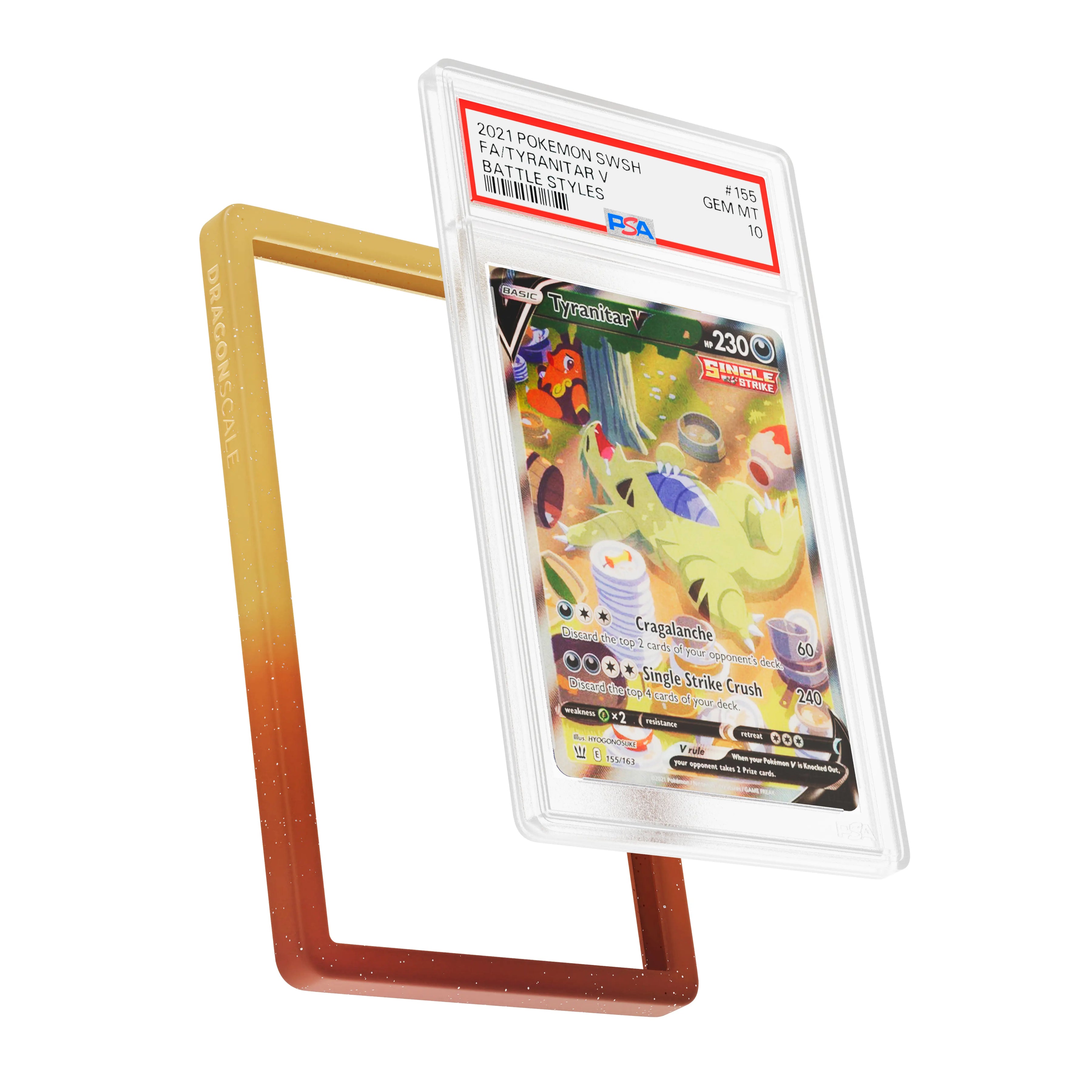 Display and demo view of a PSA slab in Radiant Sandstorm Dragonscale bumper guard, featuring a Tyranitar V Battle Styles PSA 10 Pokemon card.