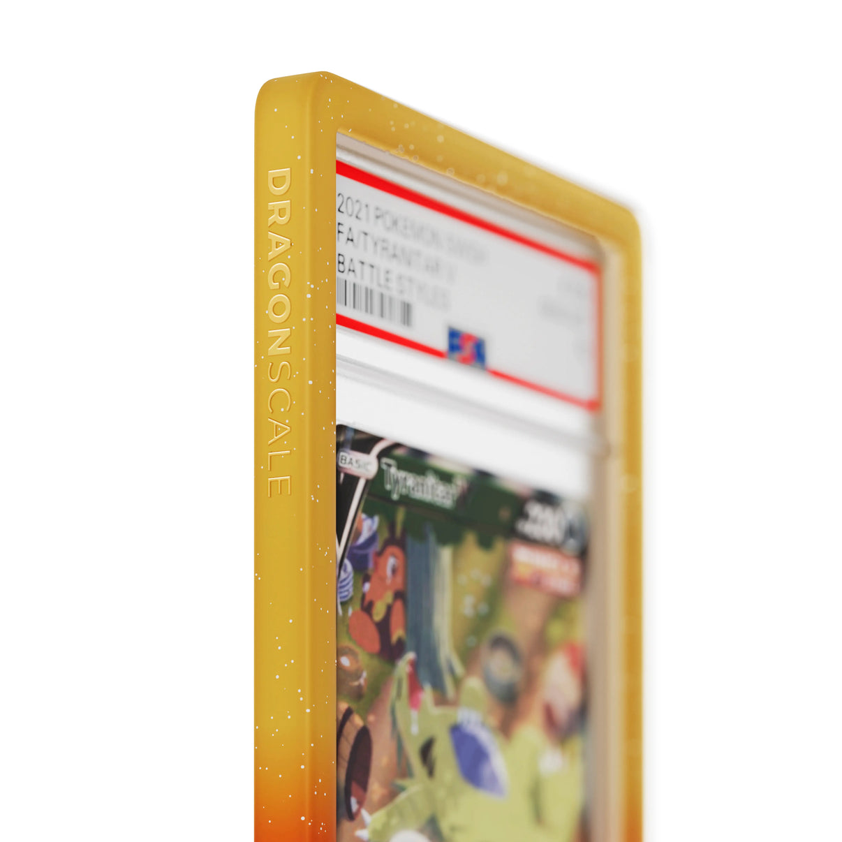 Close up logo zoom view of a PSA slab in Radiant Sandstorm Dragonscale bumper guard, featuring a Tyranitar V Battle Styles PSA 10 Pokemon card.