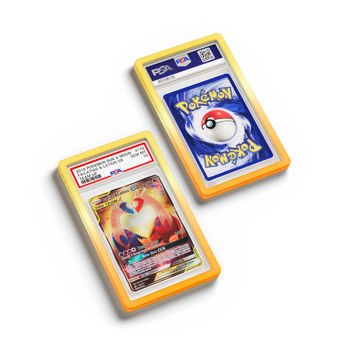 Top-down flat view of a PSA slab in Radiant Solar Dragonscale bumper guard, featuring a Latias & Latios Gx Sun & Moon PSA 10 Pokemon card.