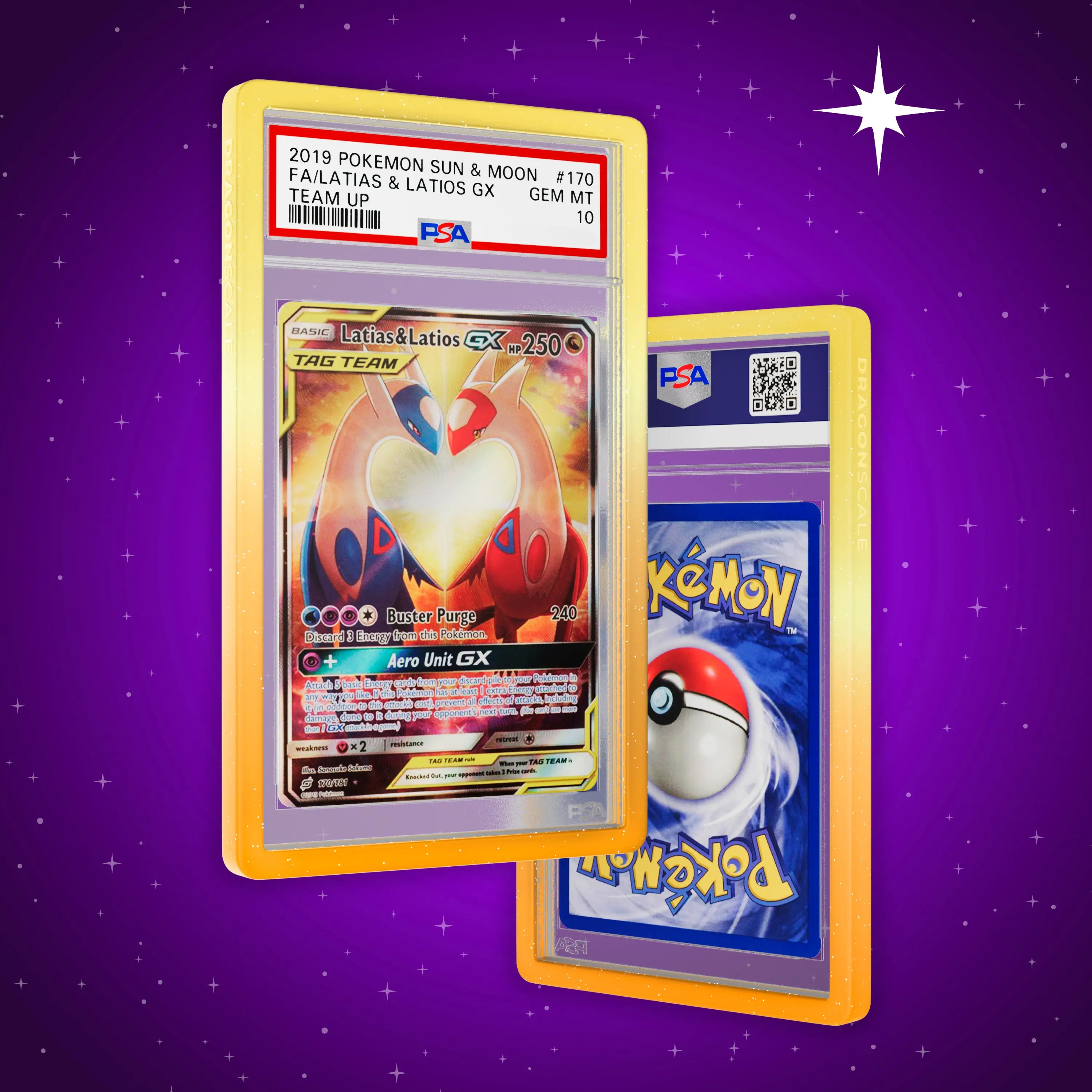 Front and back view of a PSA slab in Radiant Solar Dragonscale bumper guard, featuring a Latias & Latios Gx Sun & Moon PSA 10 Pokemon card.