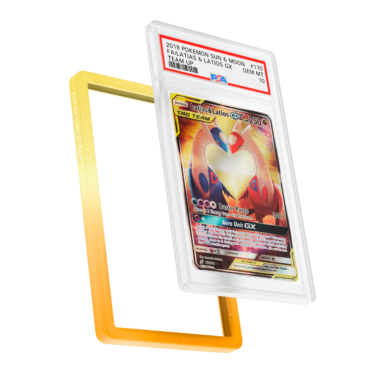 Display and demo view of a PSA slab in Radiant Solar Dragonscale bumper guard, featuring a Latias & Latios Gx Sun & Moon PSA 10 Pokemon card.