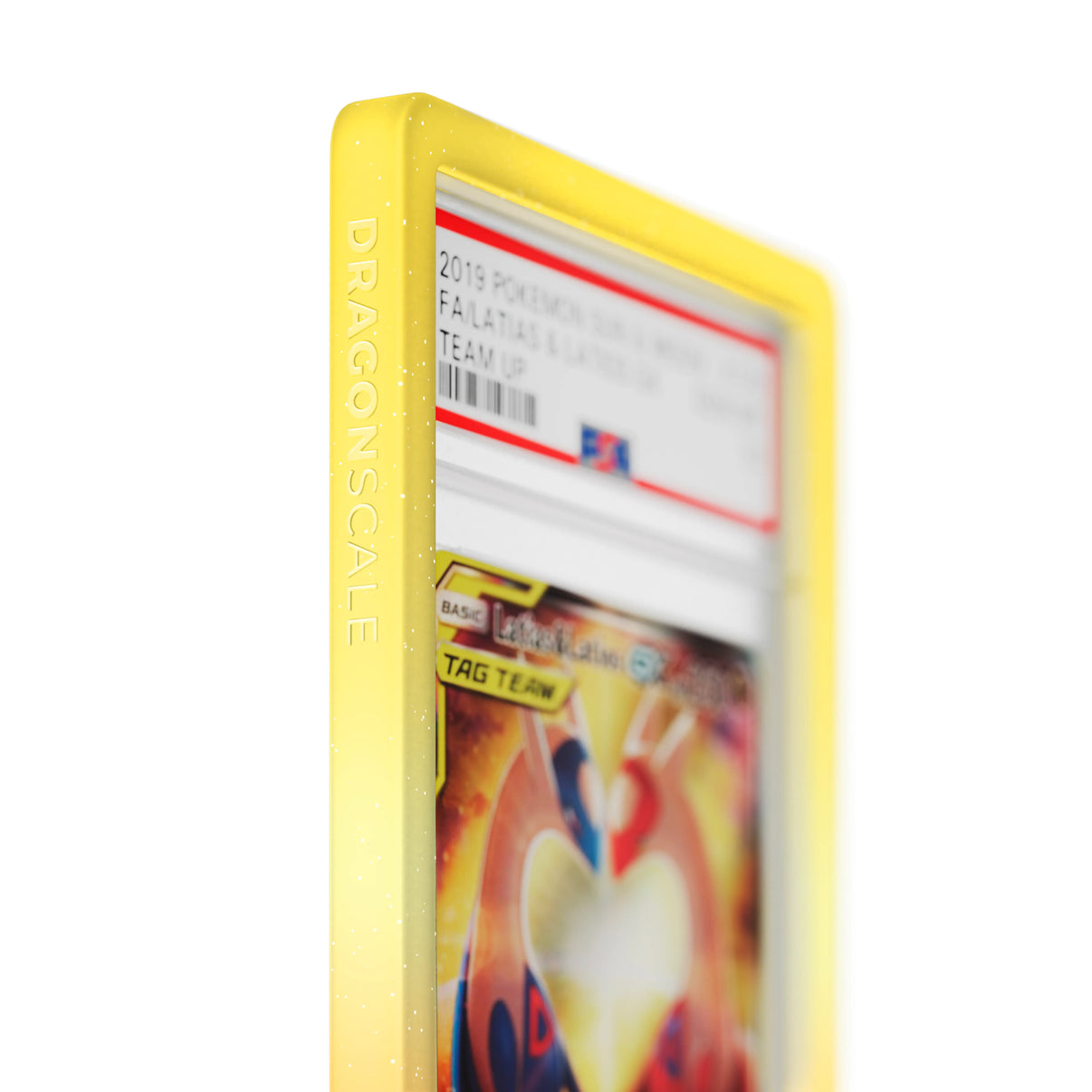 Close up logo zoom view of a PSA slab in Radiant Solar Dragonscale bumper guard, featuring a Latias & Latios Gx Sun & Moon PSA 10 Pokemon card.