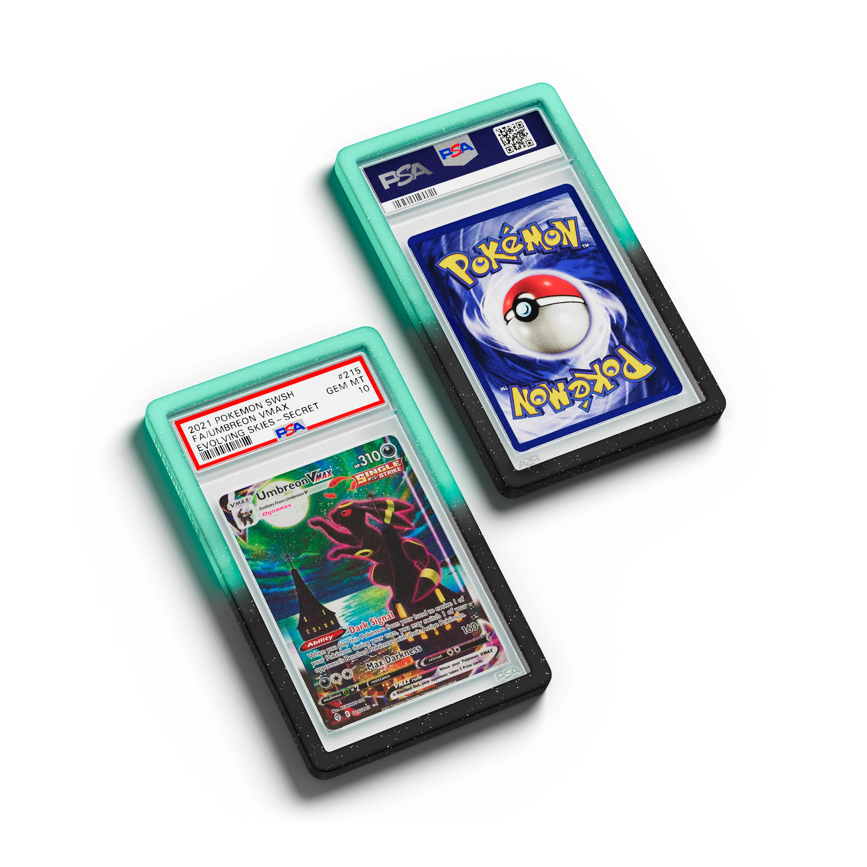 Top-down flat view of a PSA slab in Radiant Spectral Dragonscale bumper guard, featuring a Umbreon VMAX Evolving Skies PSA 10 Pokemon card.