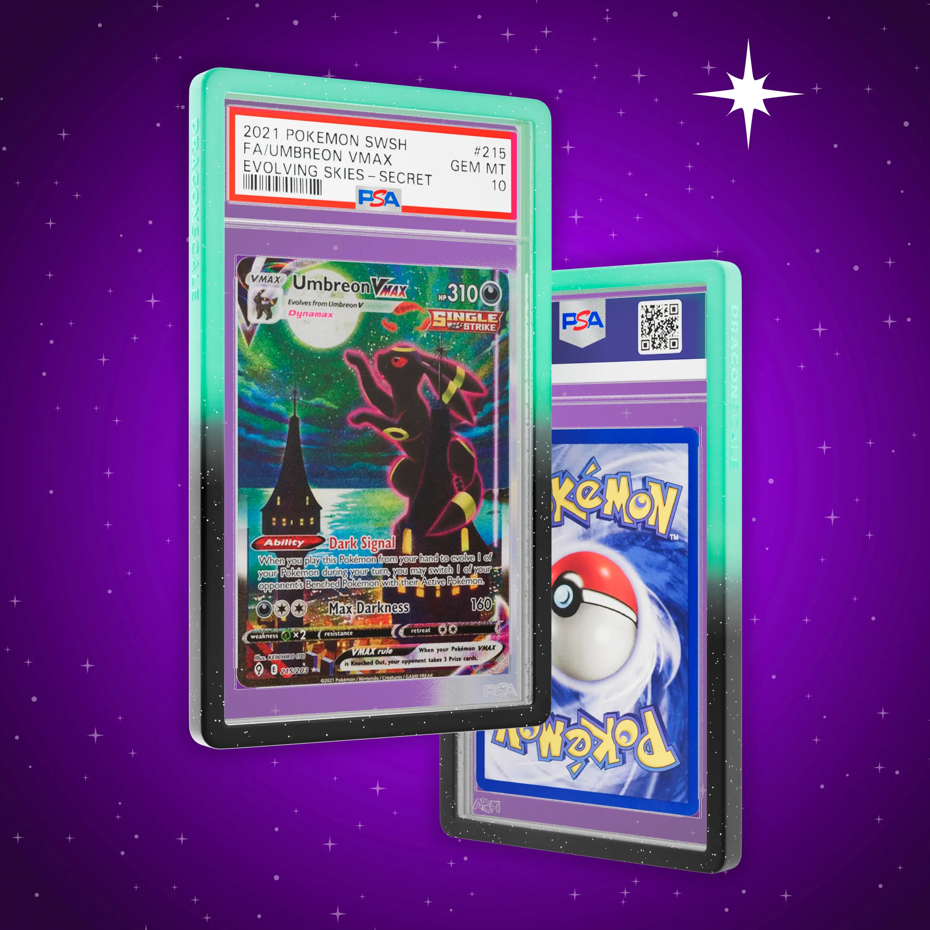 Front and back view of a PSA slab in Radiant Spectral Dragonscale bumper guard, featuring a Umbreon VMAX Evolving Skies PSA 10 Pokemon card.