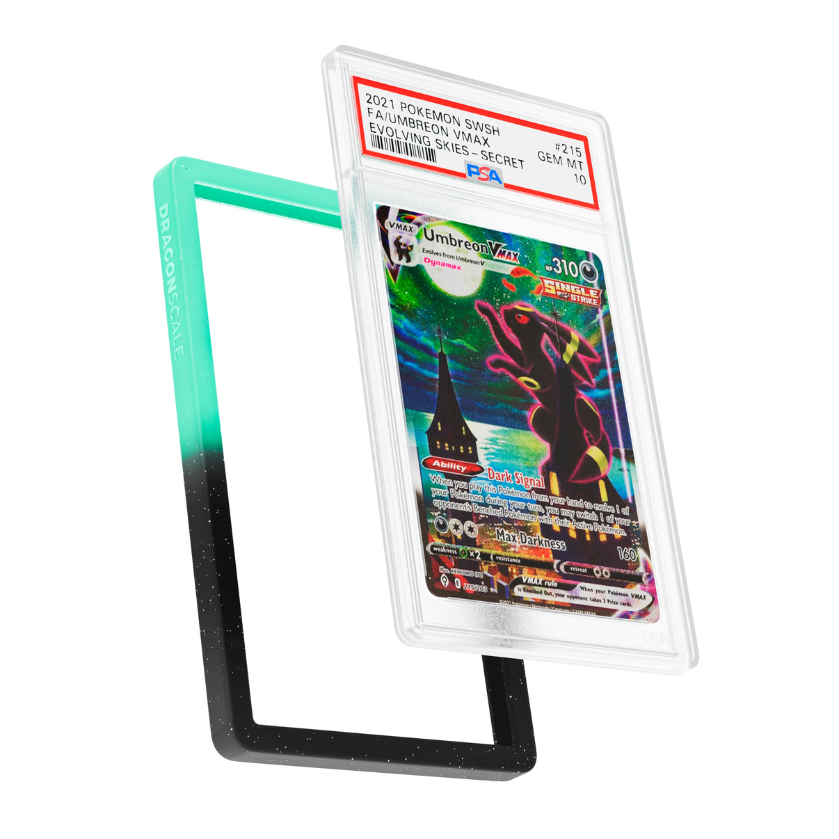Display and demo view of a PSA slab in Radiant Spectral Dragonscale bumper guard, featuring a Umbreon VMAX Evolving Skies PSA 10 Pokemon card.