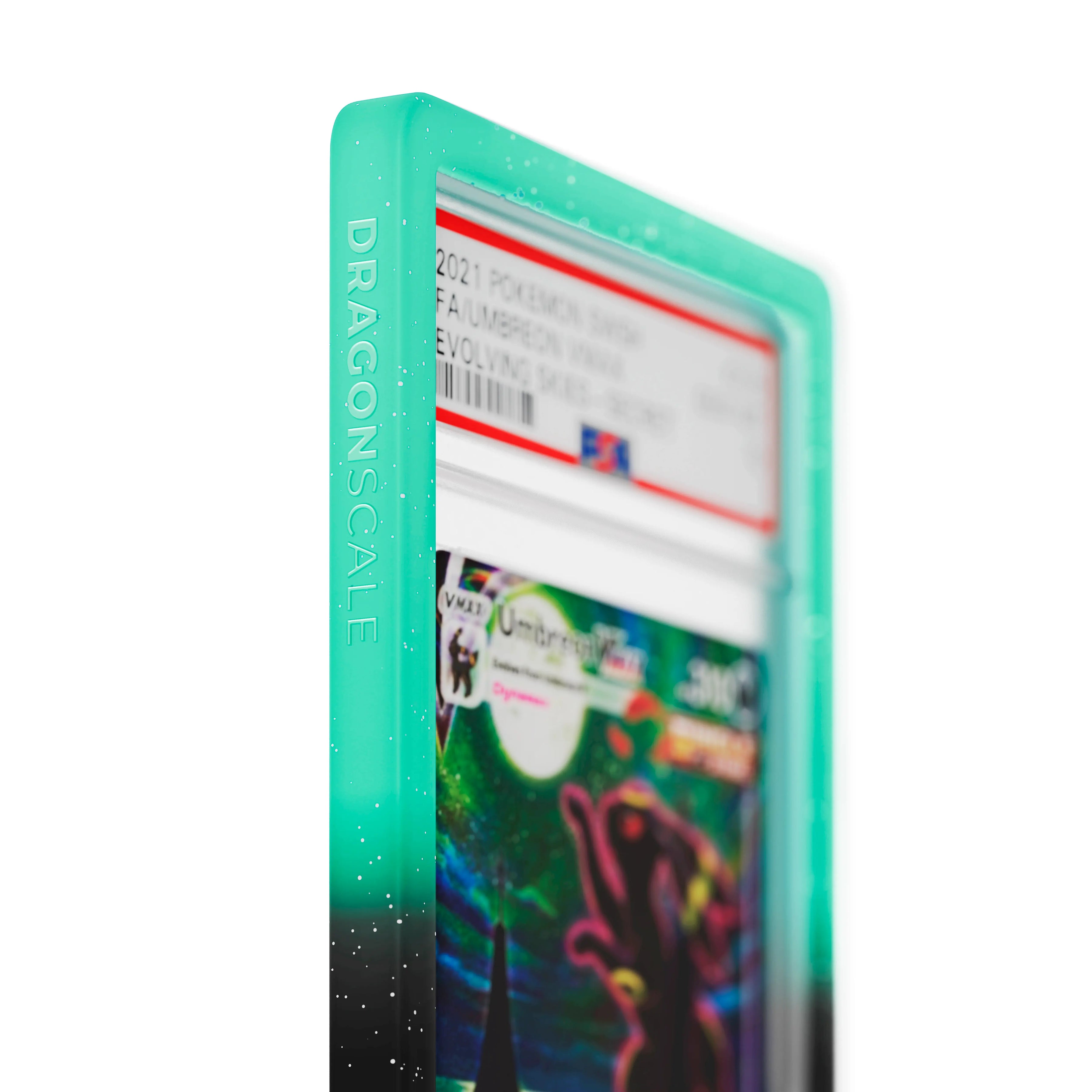 Close up logo zoom view of a PSA slab in Radiant Spectral Dragonscale bumper guard, featuring a Umbreon VMAX Evolving Skies PSA 10 Pokemon card.