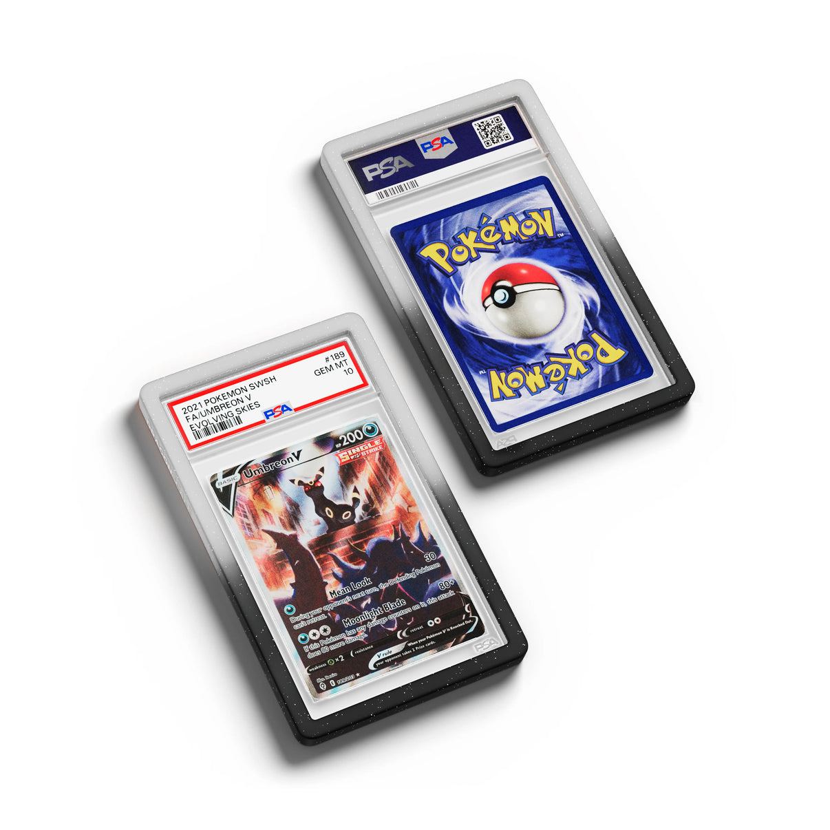 Top-down flat view of a PSA slab in Radiant Twilight Dragonscale bumper guard, featuring a Umbreon V Evolving Skies PSA 10 Pokemon card.