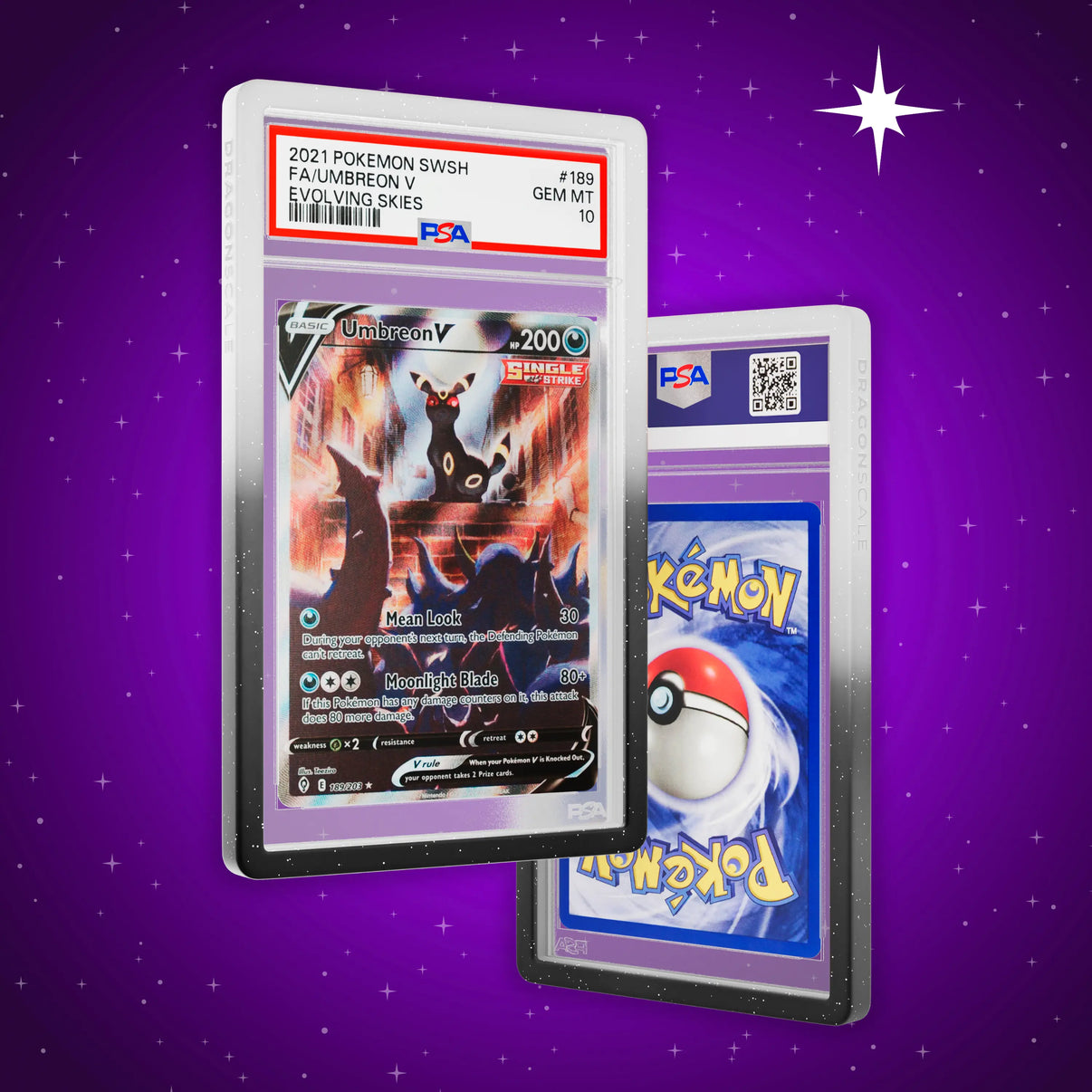 Front and back view of a PSA slab in Radiant Twilight Dragonscale bumper guard, featuring a Umbreon V Evolving Skies PSA 10 Pokemon card.